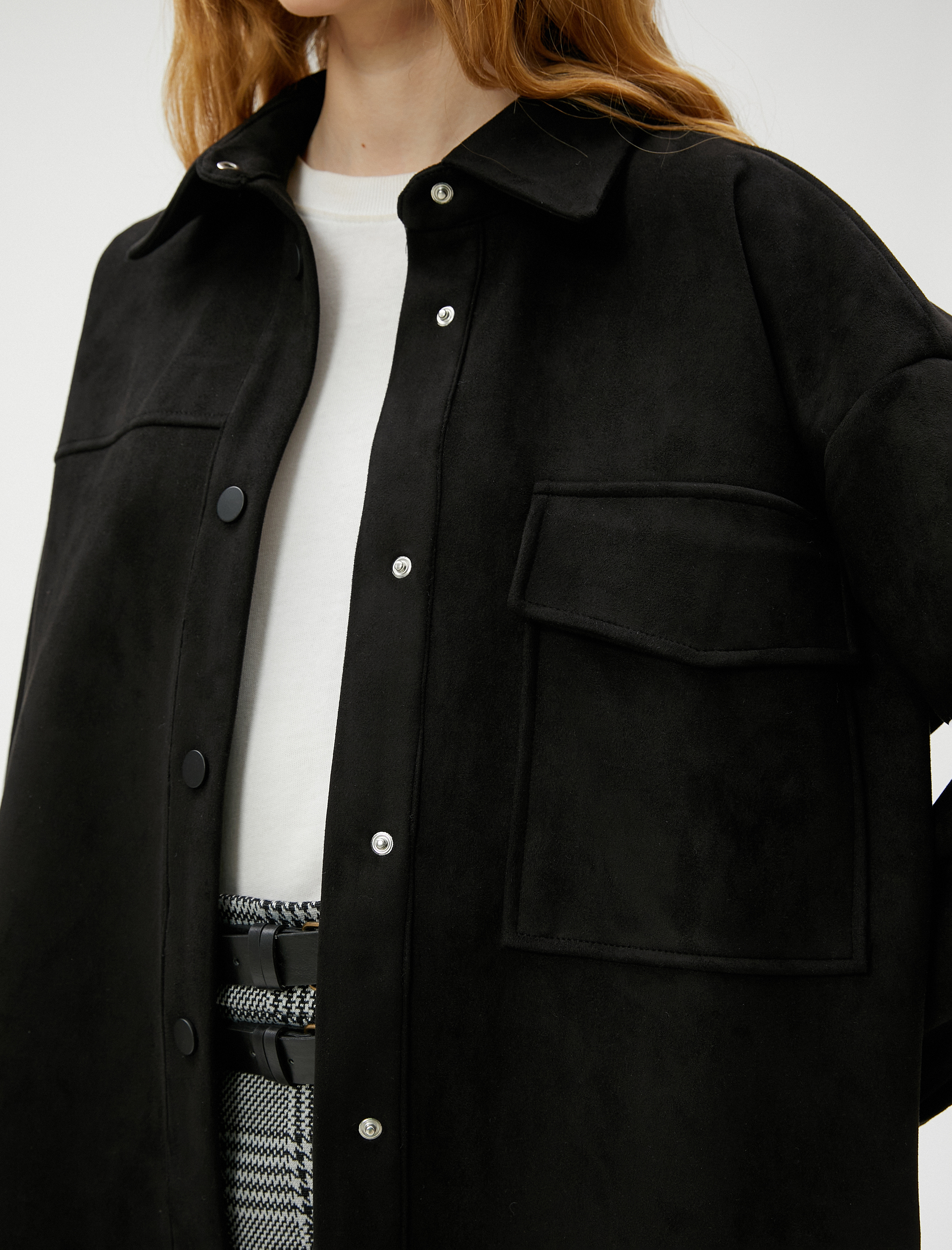   Süet Görünümlü Gömlek Uzun Kollu Çıtçıt Kapama Cepli