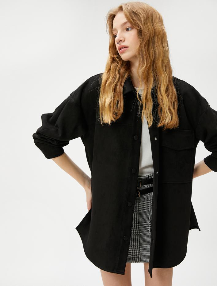  Süet Görünümlü Gömlek Uzun Kollu Çıtçıt Kapama Cepli