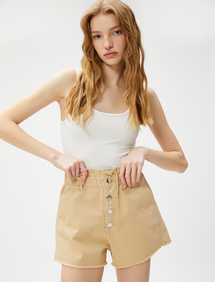  Yüksek Bel Kot Şort Cepli Lastikli Düğmeli
