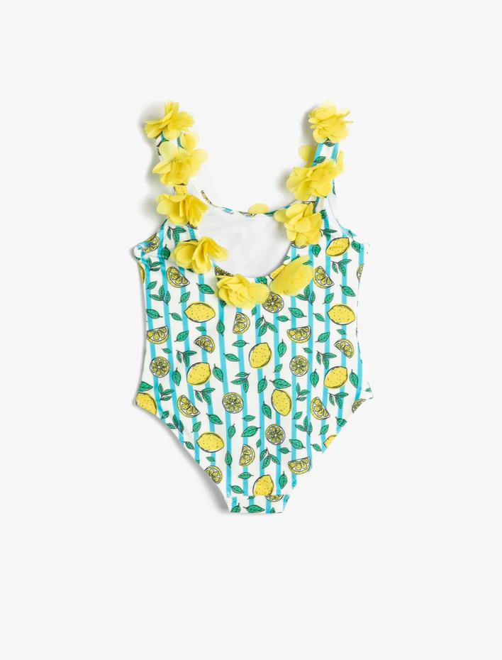 Kız Çocuk Mayo Aplike Detaylı Limon Baskılı Kalın Askılı
