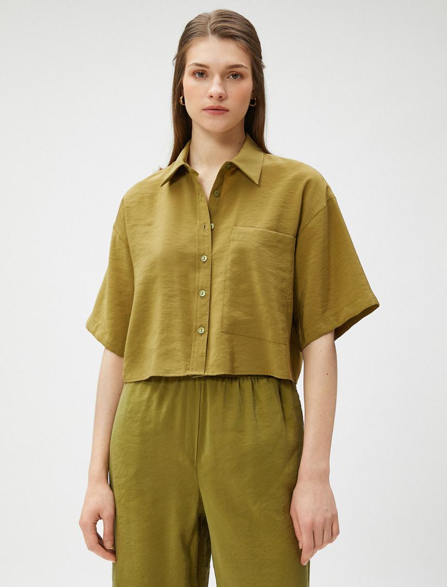   Oversize Crop Gömlek Cepli Kısa Kollu Modal Karışımlı