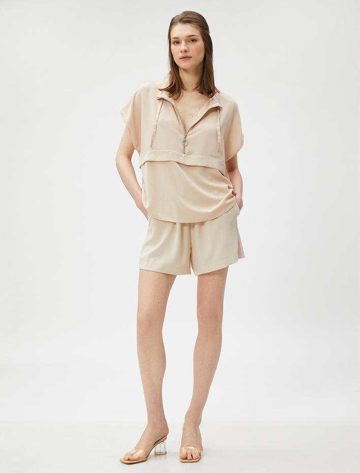  Yarım Fermuarlı Bluz Düşük Kollu