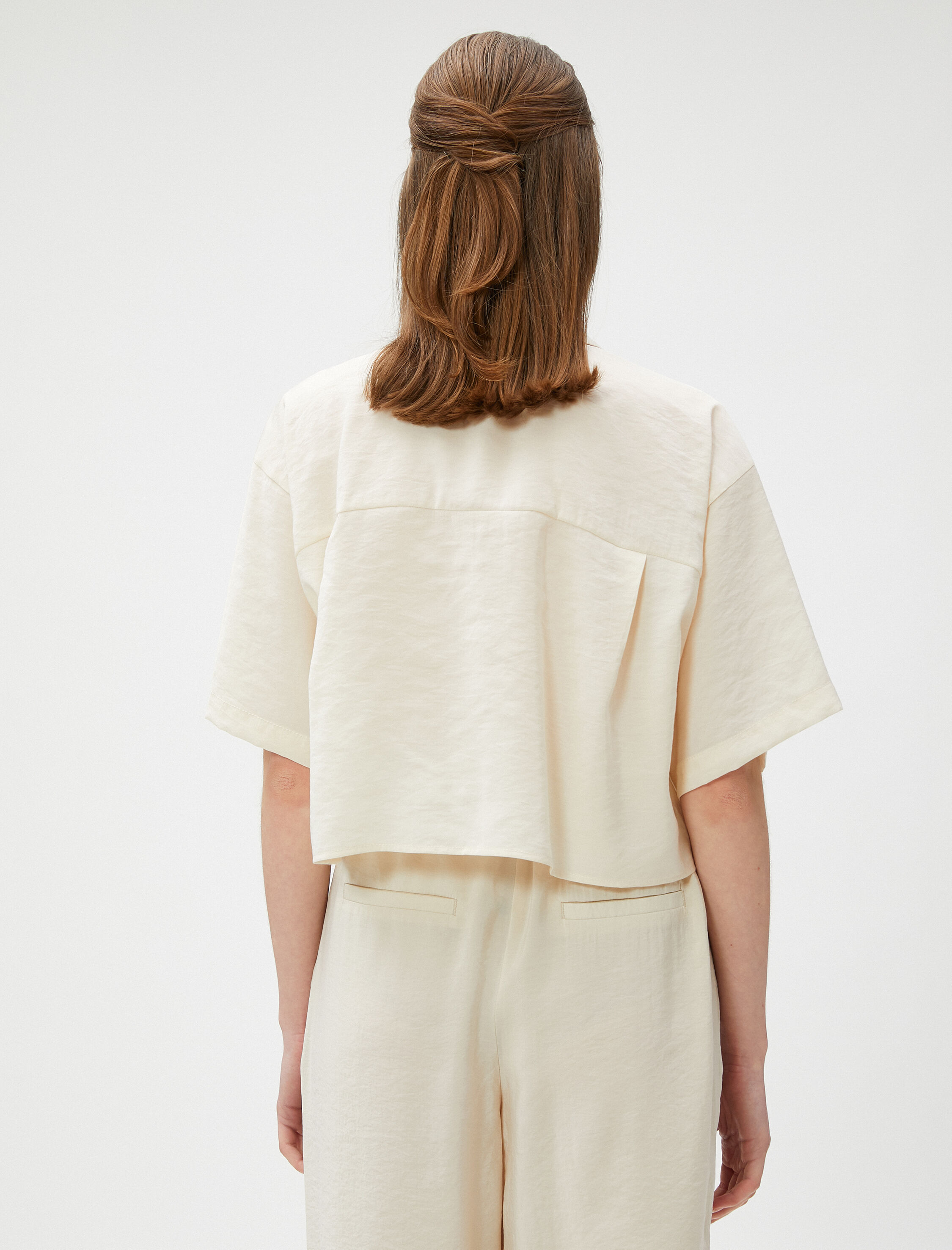   Oversize Crop Gömlek Cepli Kısa Kollu Modal Karışımlı