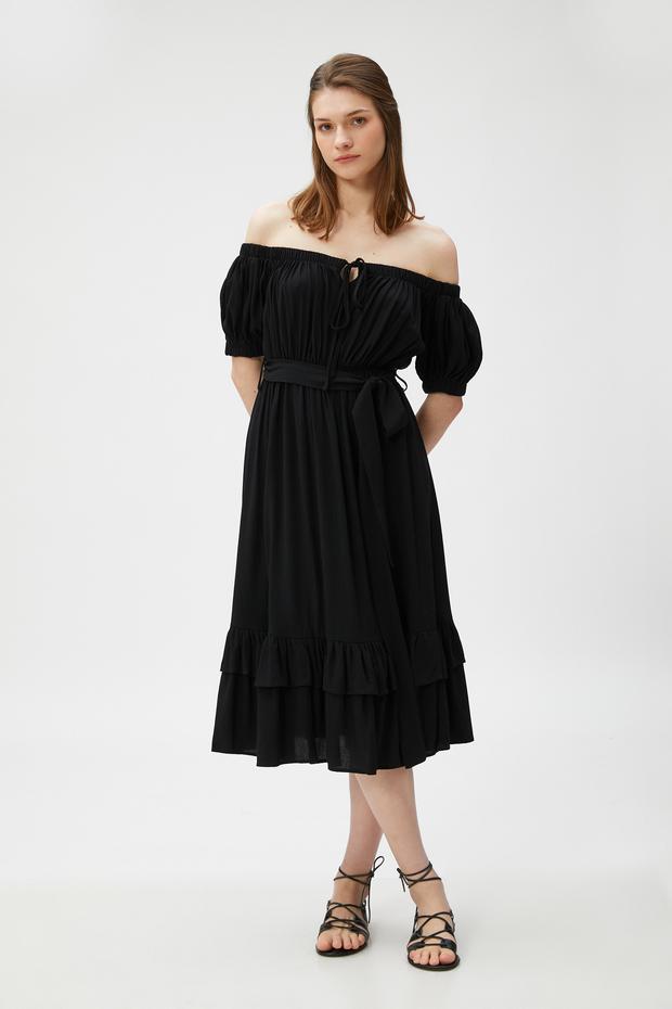  Midi Boy Viskon Elbise Omzu Açık Katlı