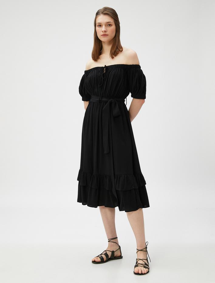  Midi Boy Viskon Elbise Omzu Açık Katlı