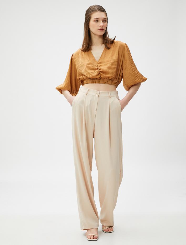  Crop Bluz Büzgülü V Yaka