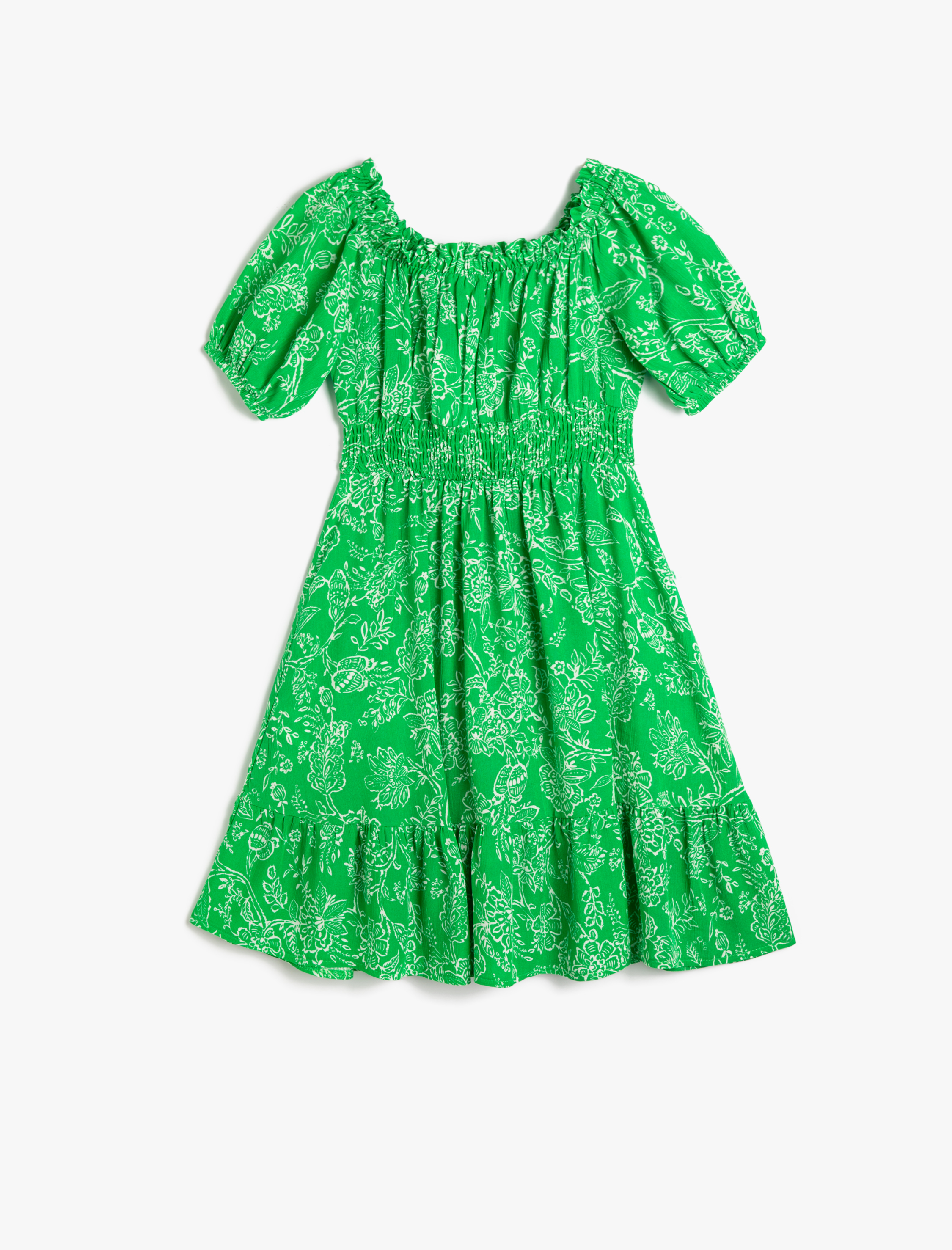  Kız Çocuk Elbise Midi Çiçekli Balon Kollu Düşük Omuz Lastikli Katlı Fırfırlı