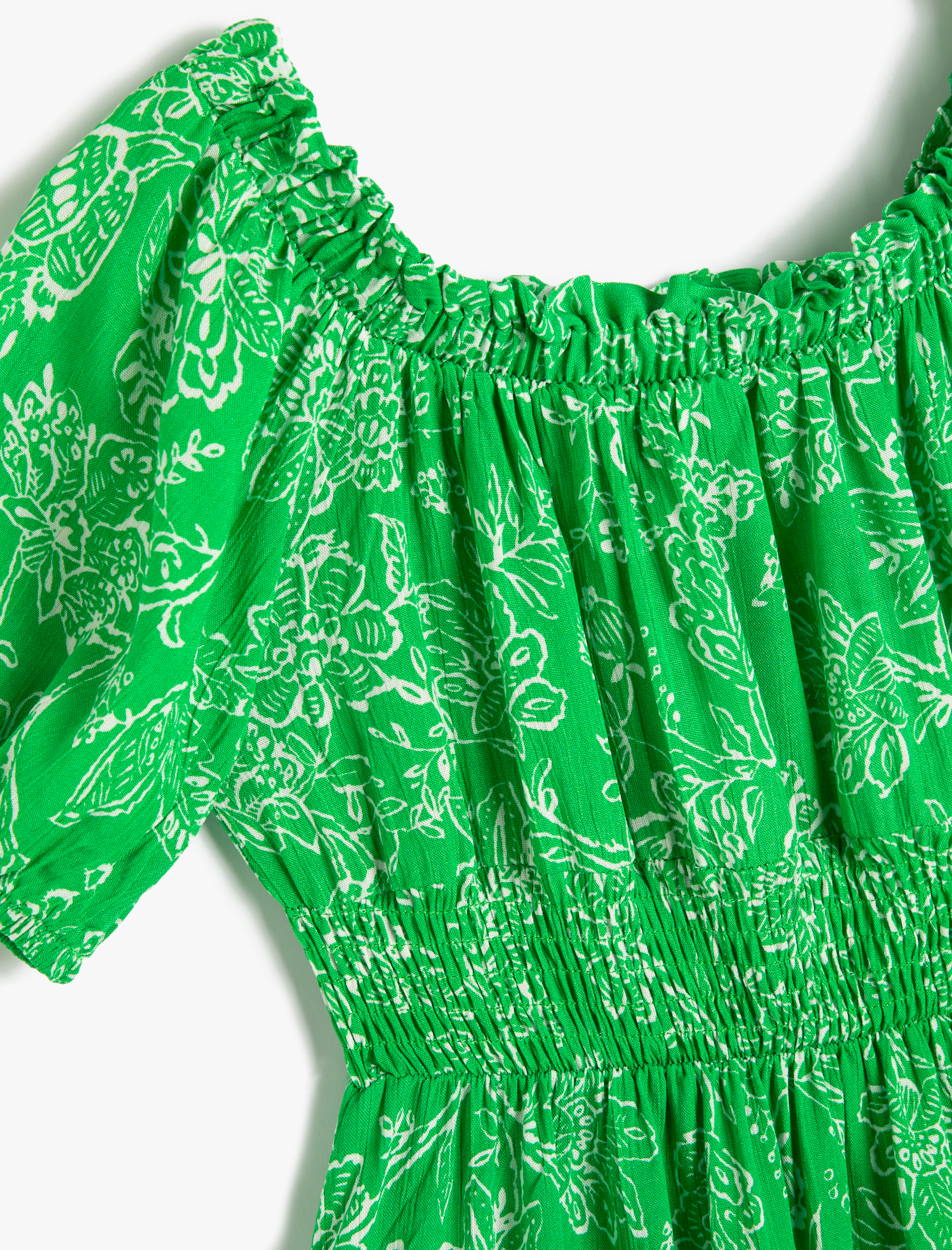  Kız Çocuk Elbise Midi Çiçekli Balon Kollu Düşük Omuz Lastikli Katlı Fırfırlı