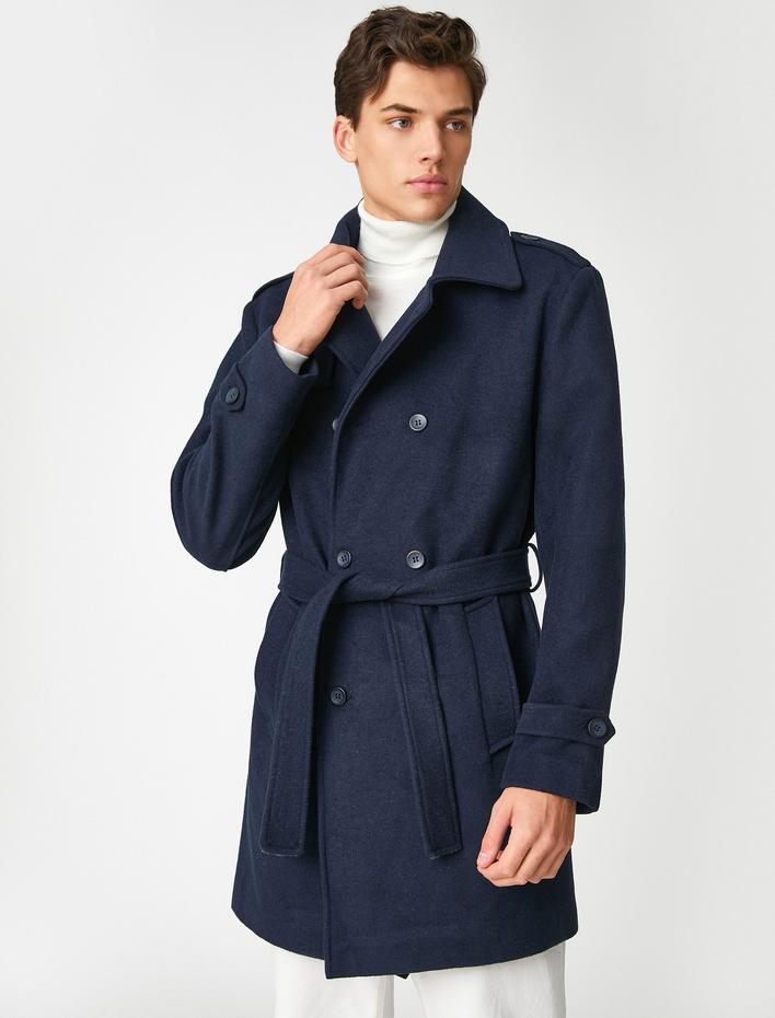  Düğmeli Kaşe Kaban Kuşaklı Cep Detaylı