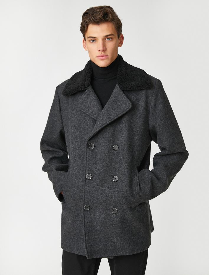  Kruvaze Kaşe Kaban Düğmeli Cepli Yaka Detaylı