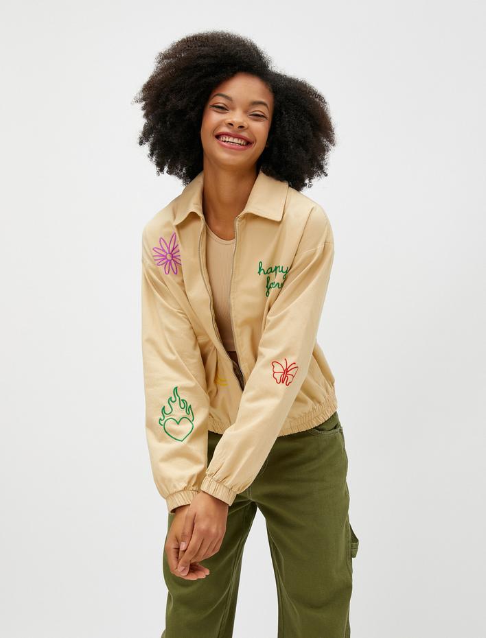  Bomber Ceket Fermuarlı Slogan İşlemeli Cep Detaylı Pamuklu