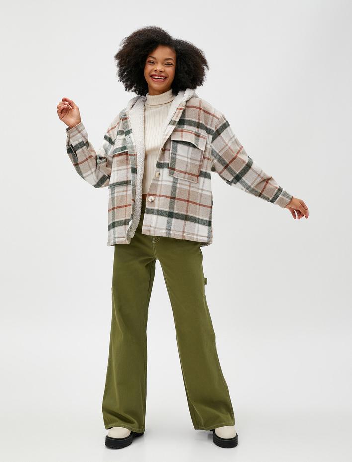  Oversize Oduncu Gömlek Ceket Kapüşonlu İçi Peluş