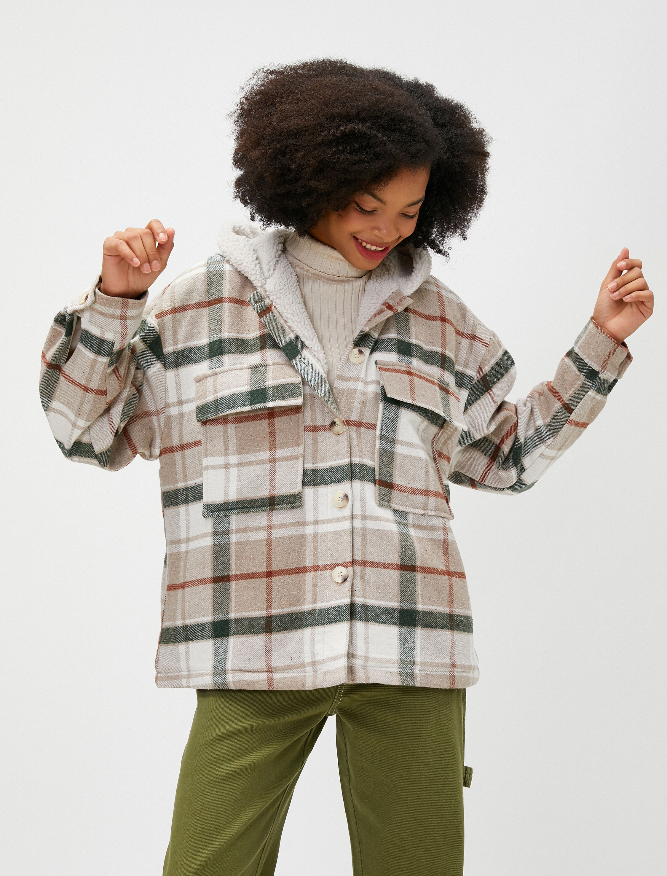   Oversize Oduncu Gömlek Ceket Kapüşonlu İçi Peluş