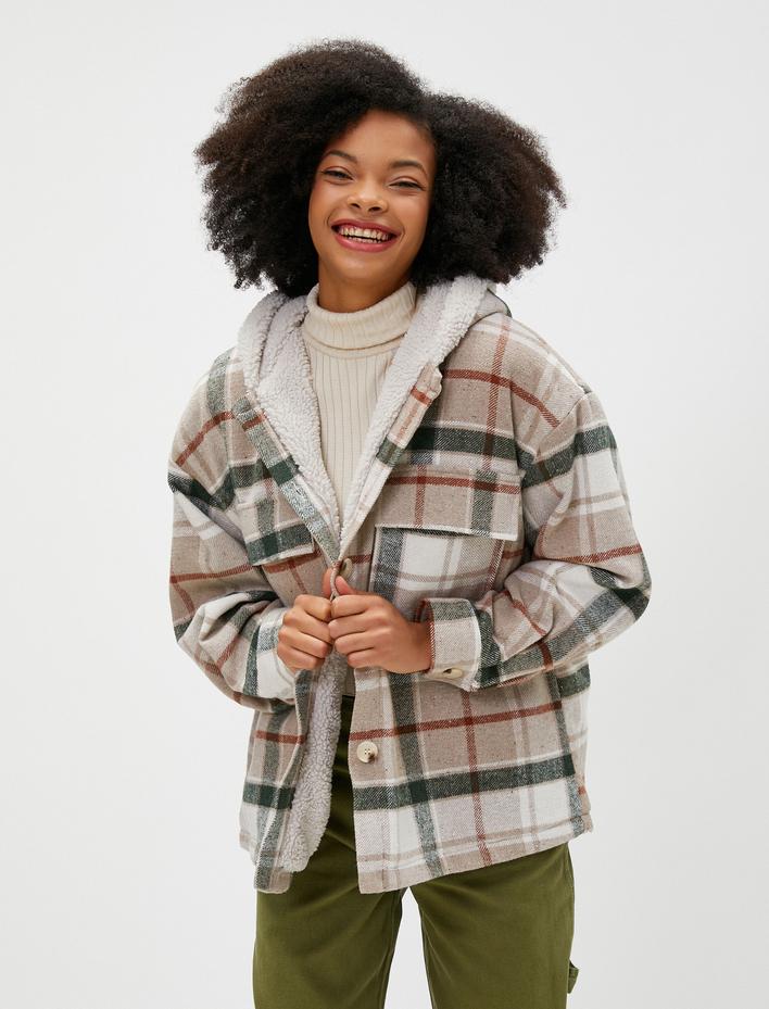  Oversize Oduncu Gömlek Ceket Kapüşonlu İçi Peluş