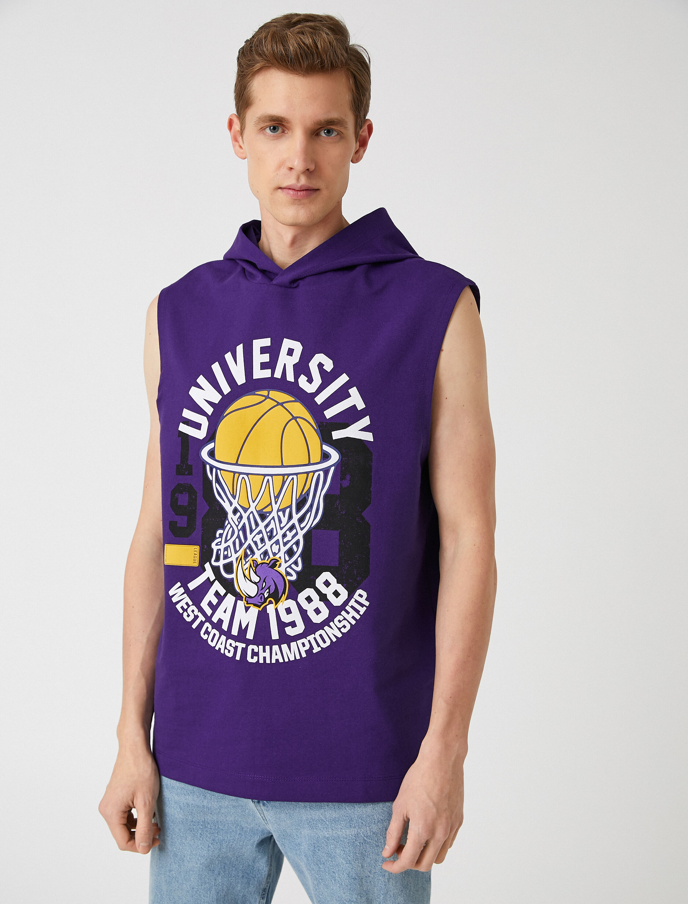   Oversize Kapşonlu Kolej Kolsuz Tişört Basketbol Baskılı Kolsuz