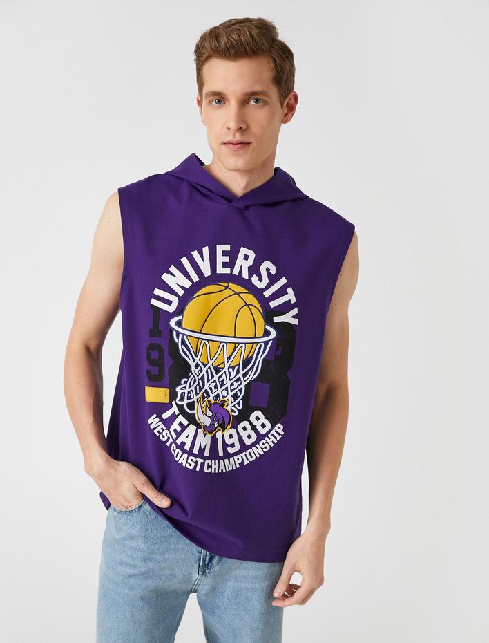  Oversize Kapşonlu Kolej Kolsuz Tişört Basketbol Baskılı Kolsuz