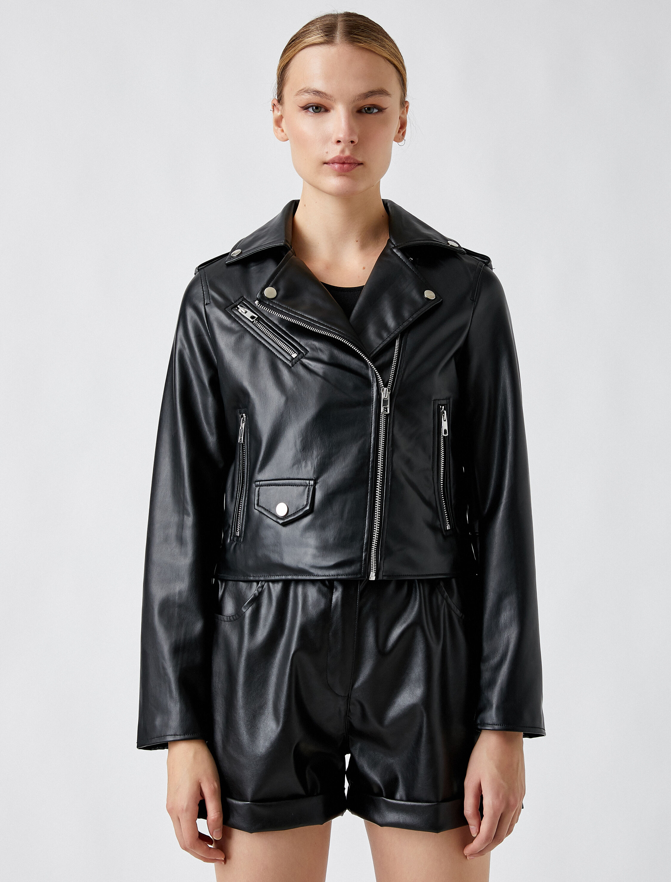   Suni Deri Biker Ceket Fermuarlı