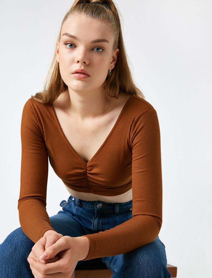  Crop Uzun Kollu Tişört Büzgülü