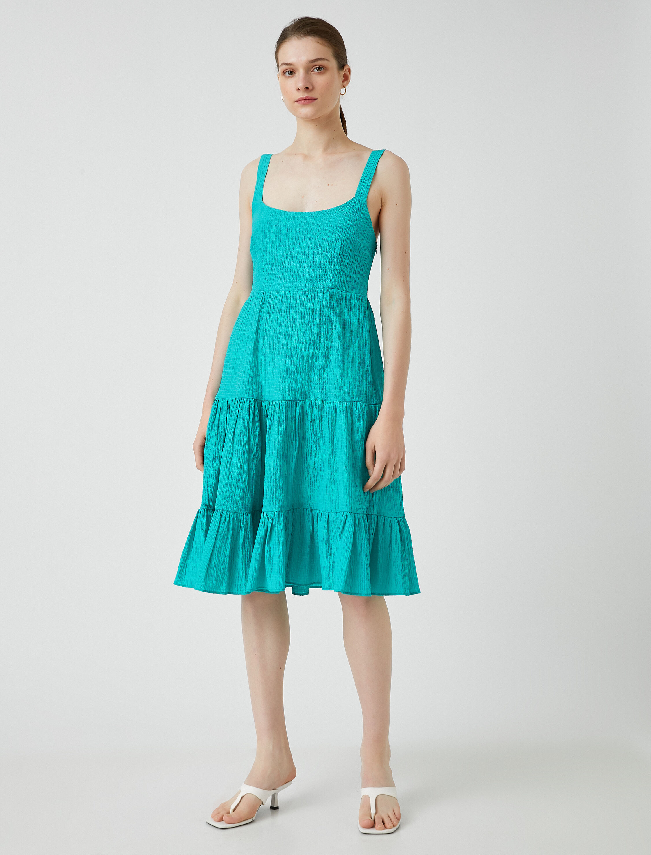   Midi Elbise Fırfırlı Kalın Askılı