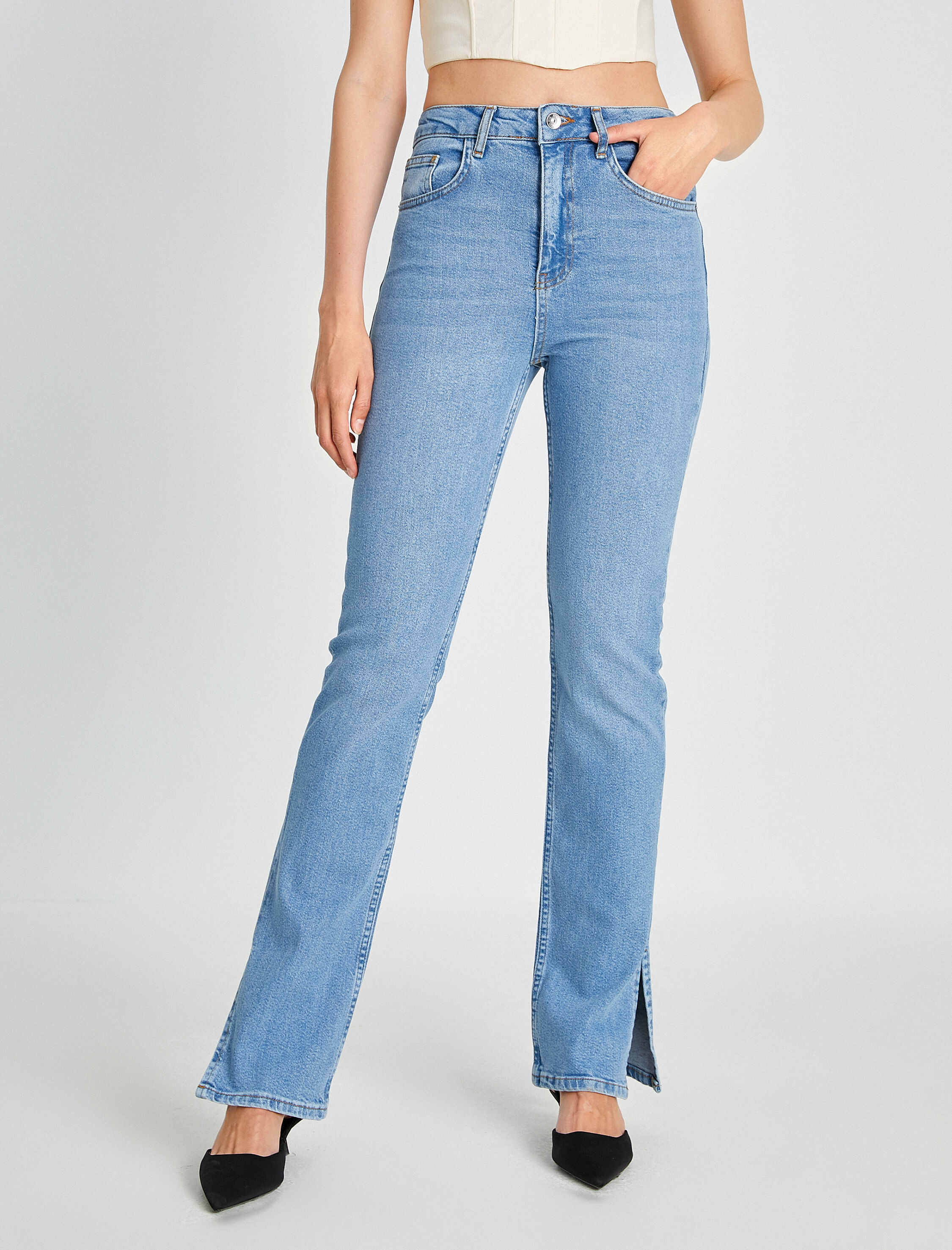   İspanyol Paça Kot Pantolon Dar Kesim Yüksek Bel