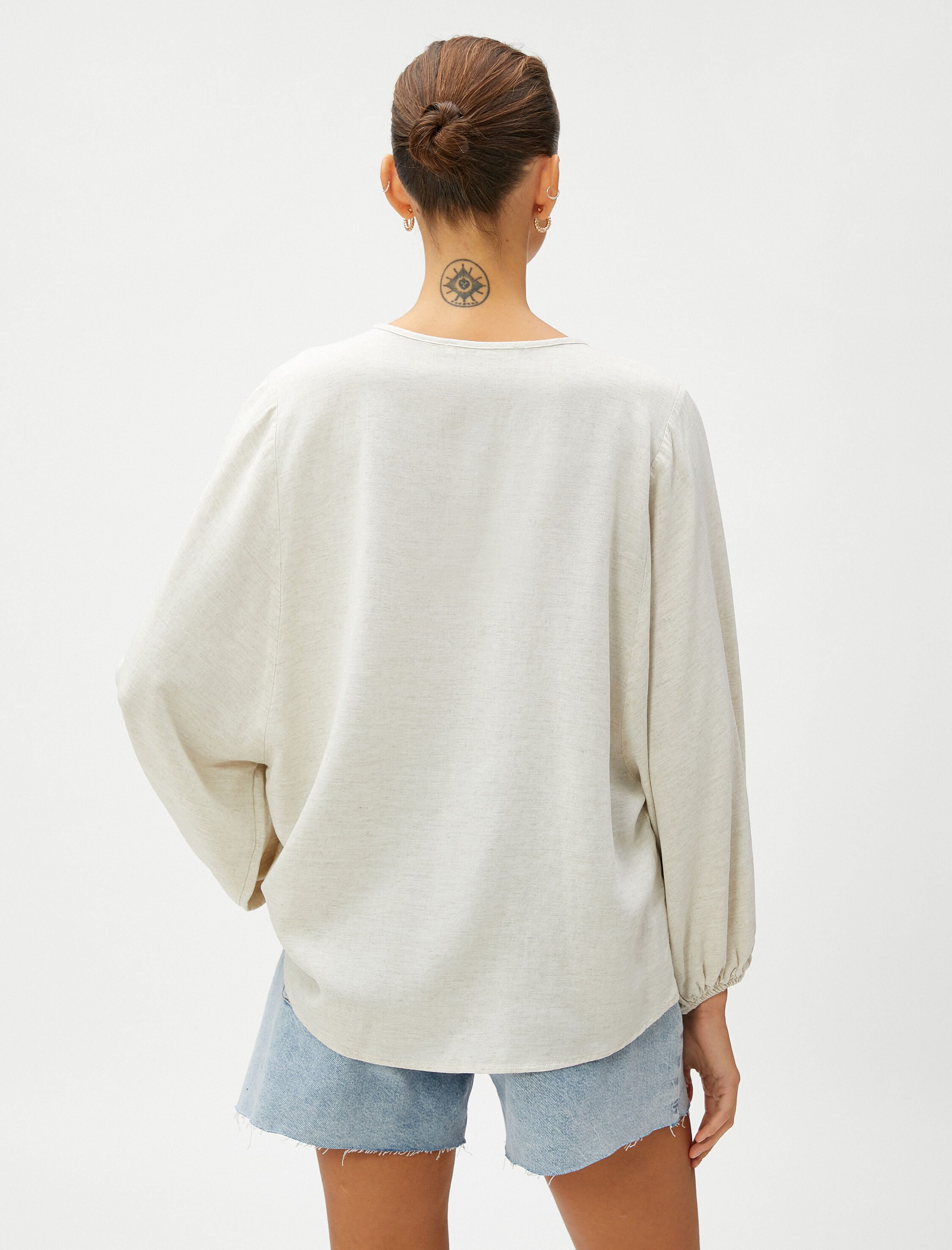   Relax Bluz Balon Kollu Keten Karışımlı