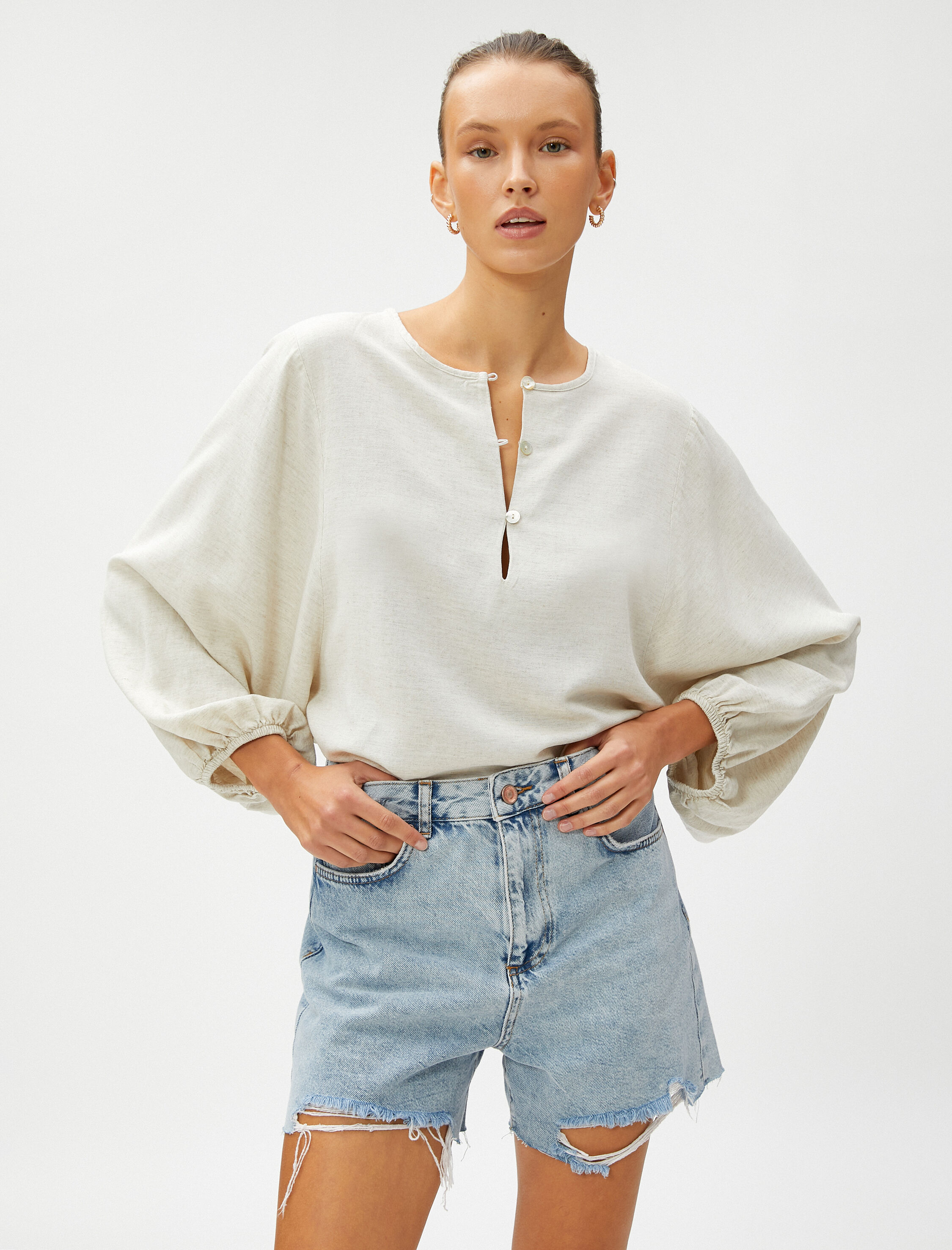   Relax Bluz Balon Kollu Keten Karışımlı