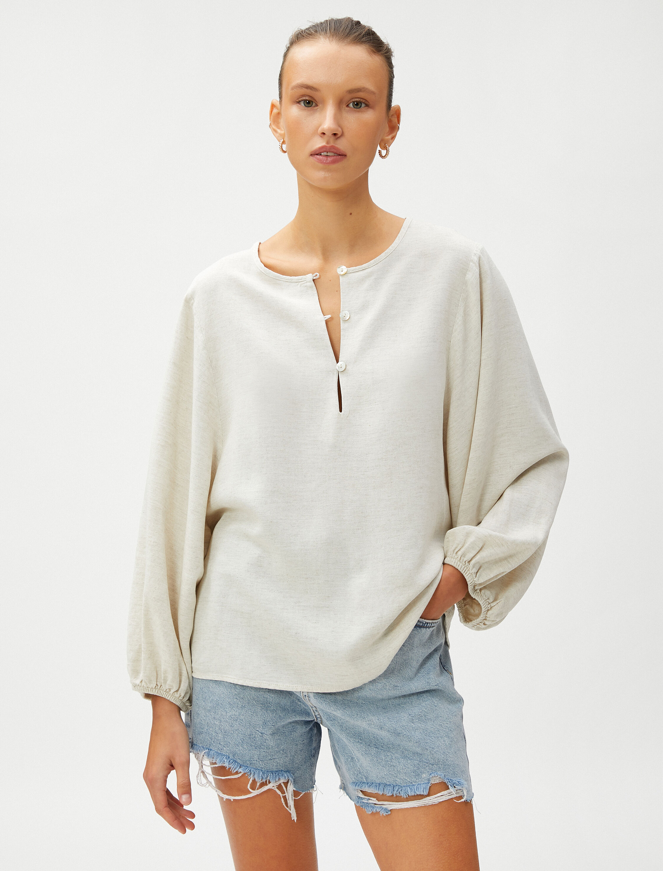   Relax Bluz Balon Kollu Keten Karışımlı