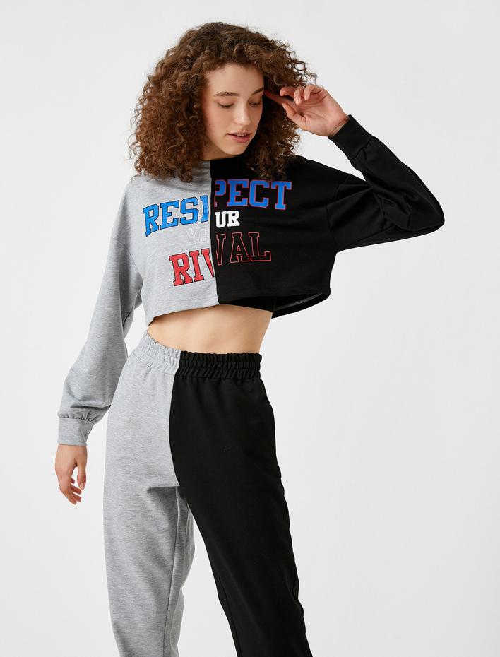  Spor Sweatshirt Crop Slogan Baskılı