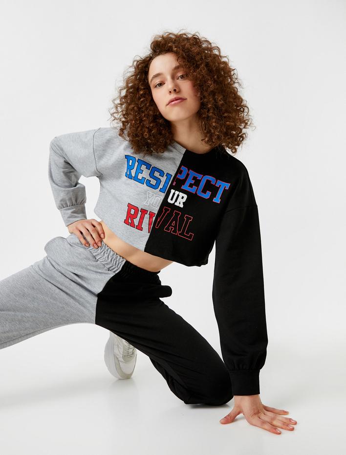  Spor Sweatshirt Crop Slogan Baskılı