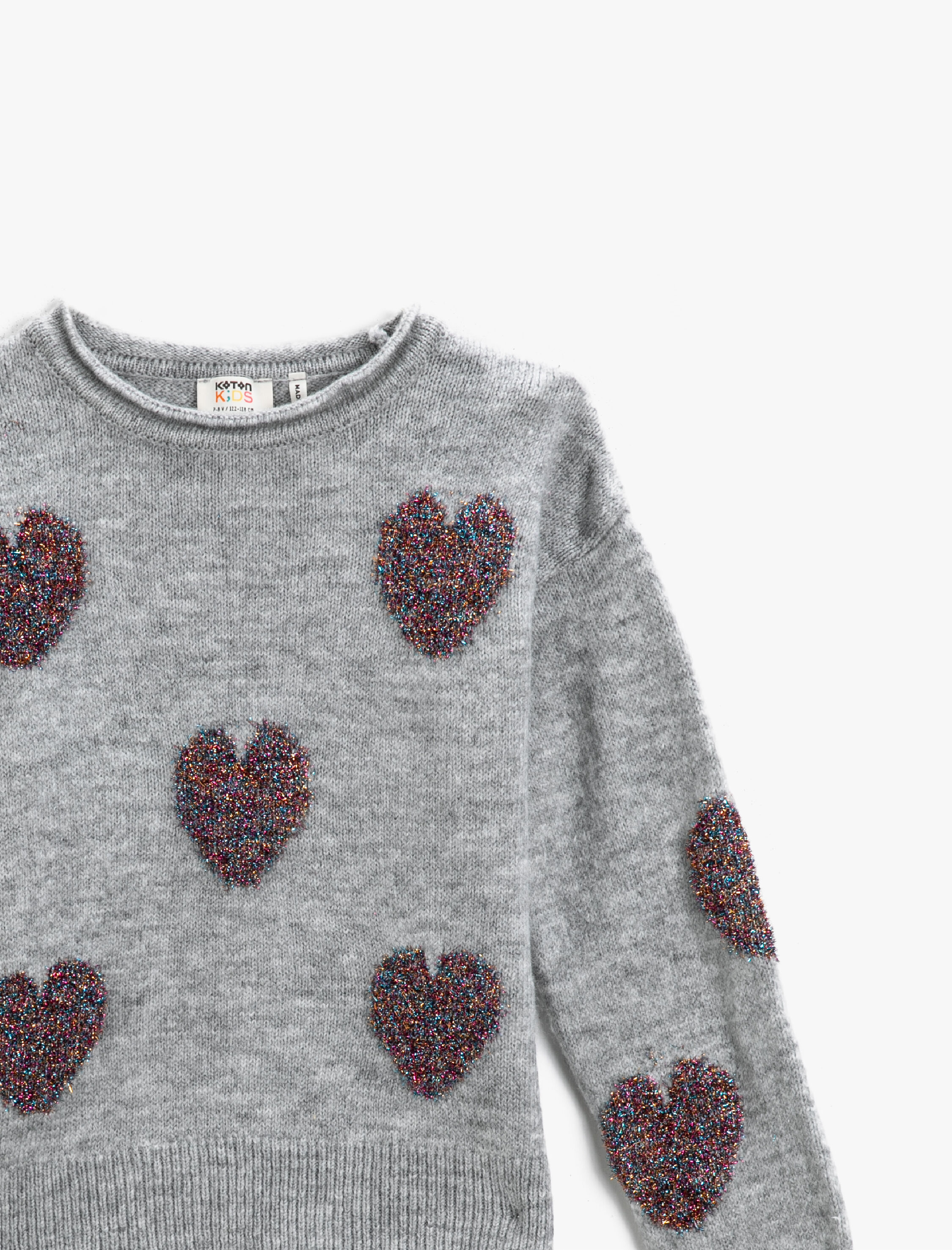  Kız Çocuk Oversize Kazak Kalp İşlemeli Bisiklet Yaka Uzun Kollu