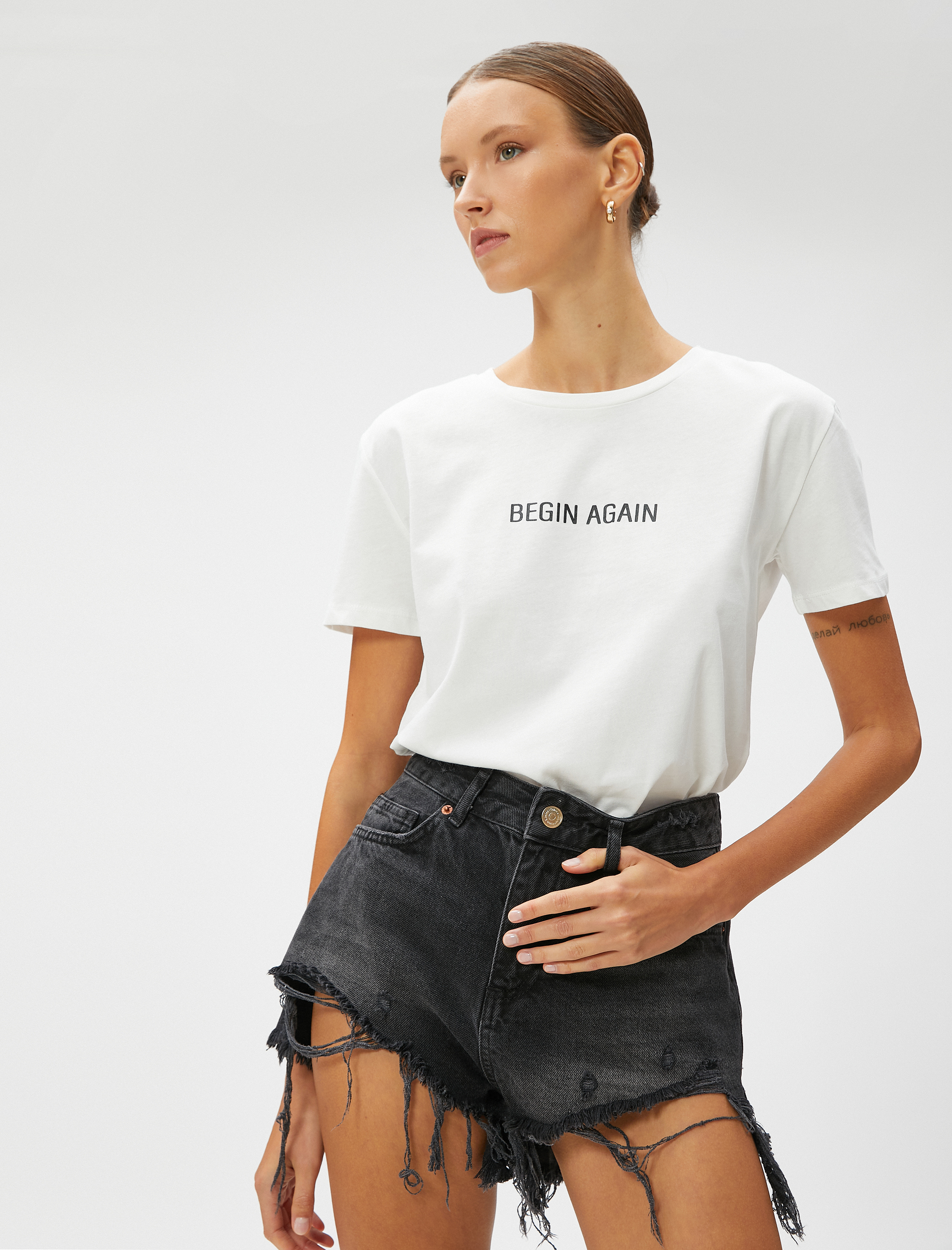   Slogan Baskılı Tişört Pamuklu