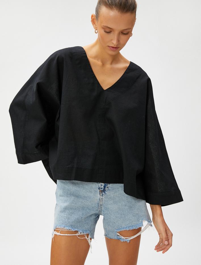  Oversize Bluz Keten Karışımlı V Yaka