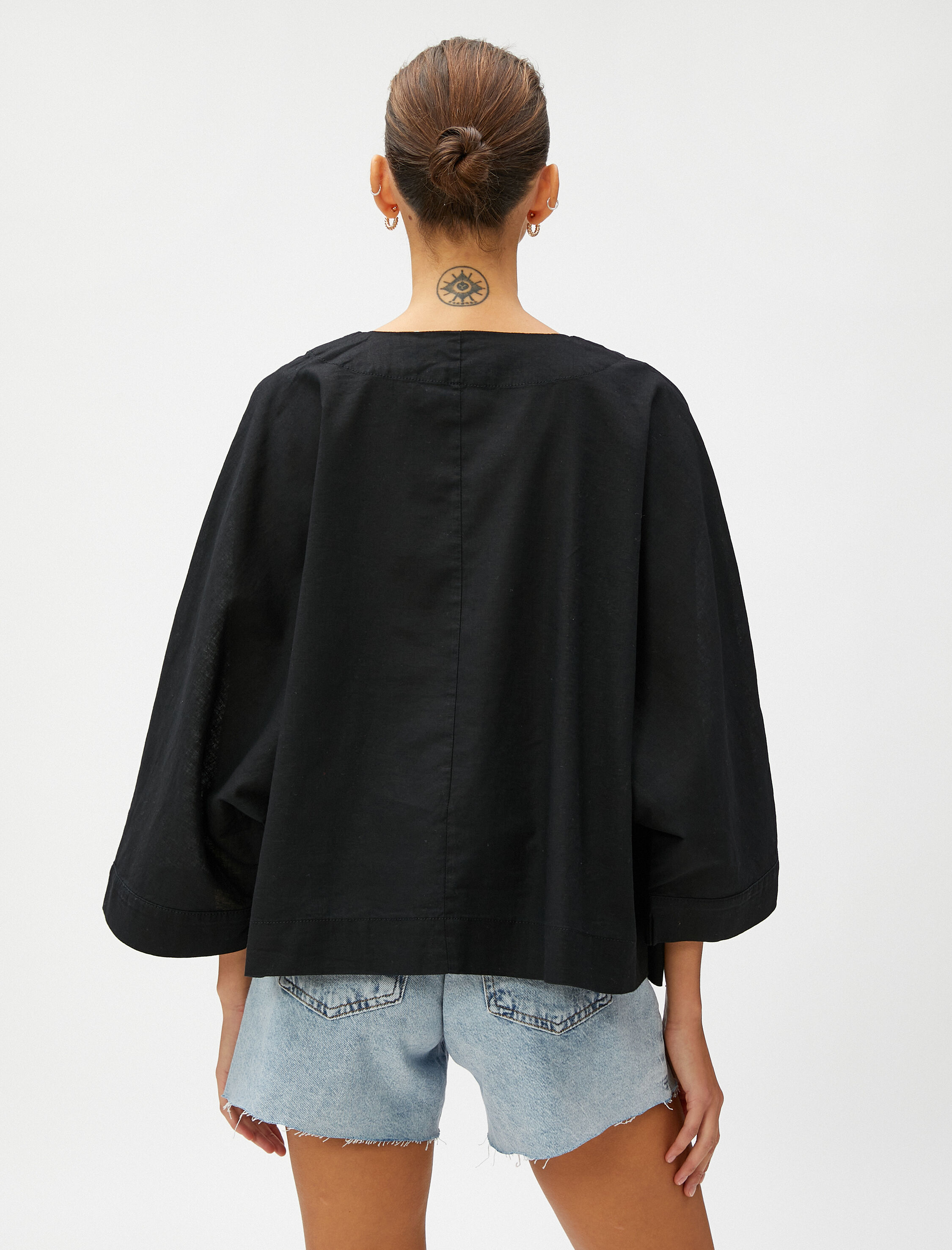   Oversize Bluz Keten Karışımlı V Yaka