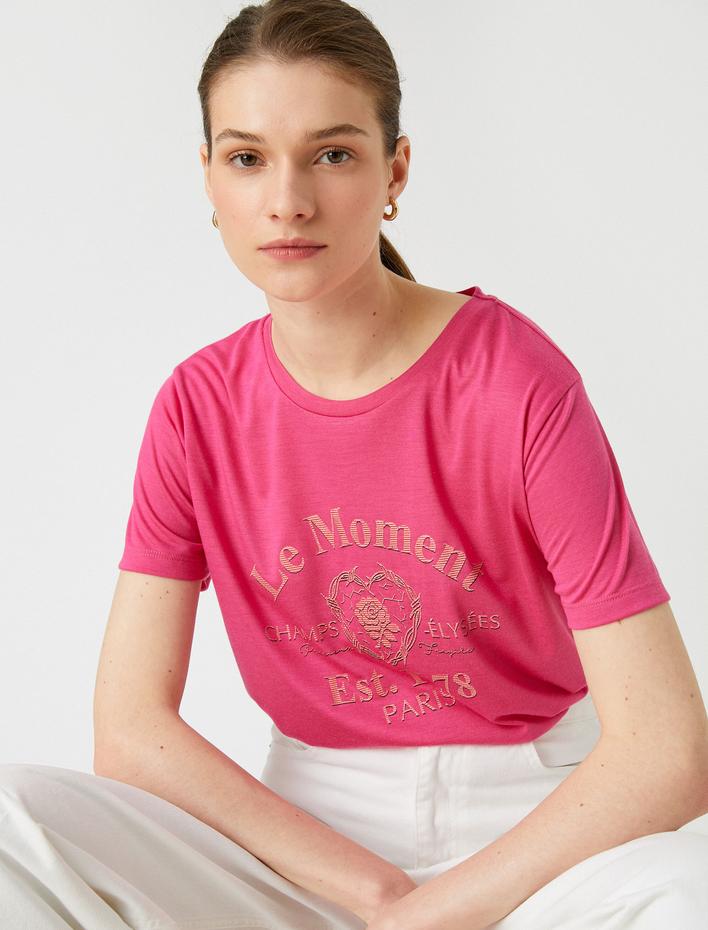  Yazı Baskılı Tişört Bisiklet Yaka Kısa Kollu