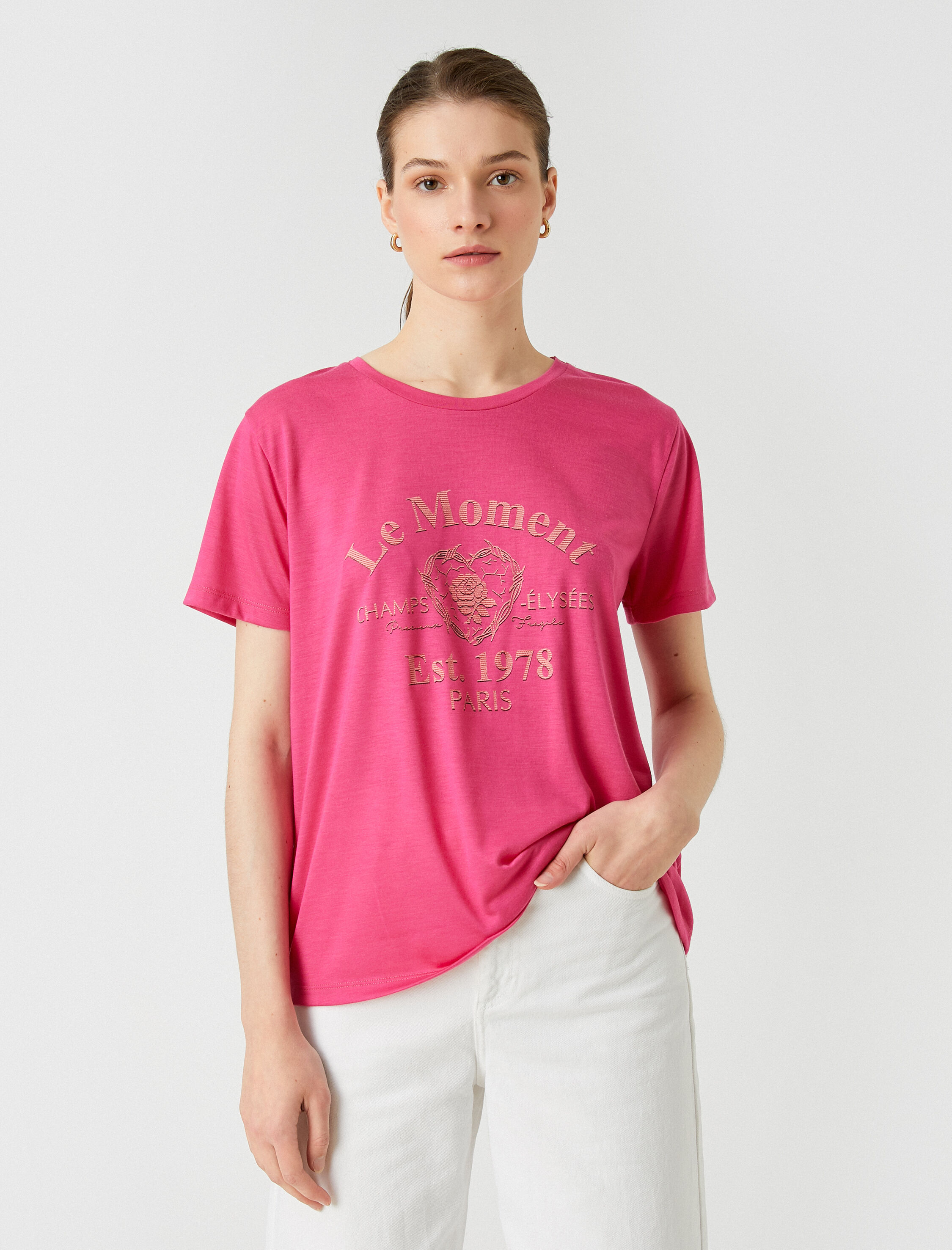   Yazı Baskılı Tişört Bisiklet Yaka Kısa Kollu