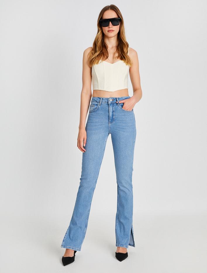  İspanyol Paça Kot Pantolon Dar Kesim Yüksek Bel