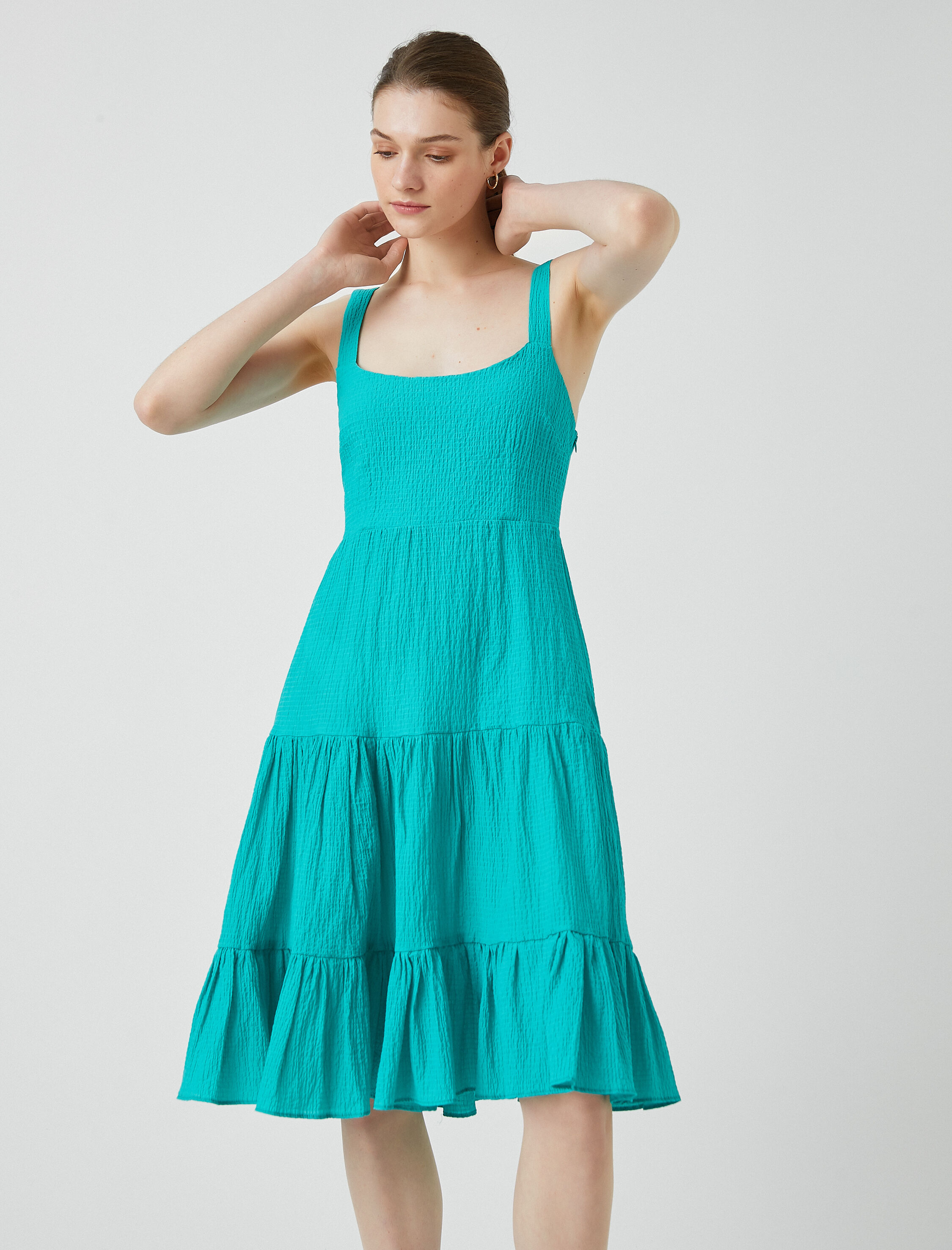   Midi Elbise Fırfırlı Kalın Askılı