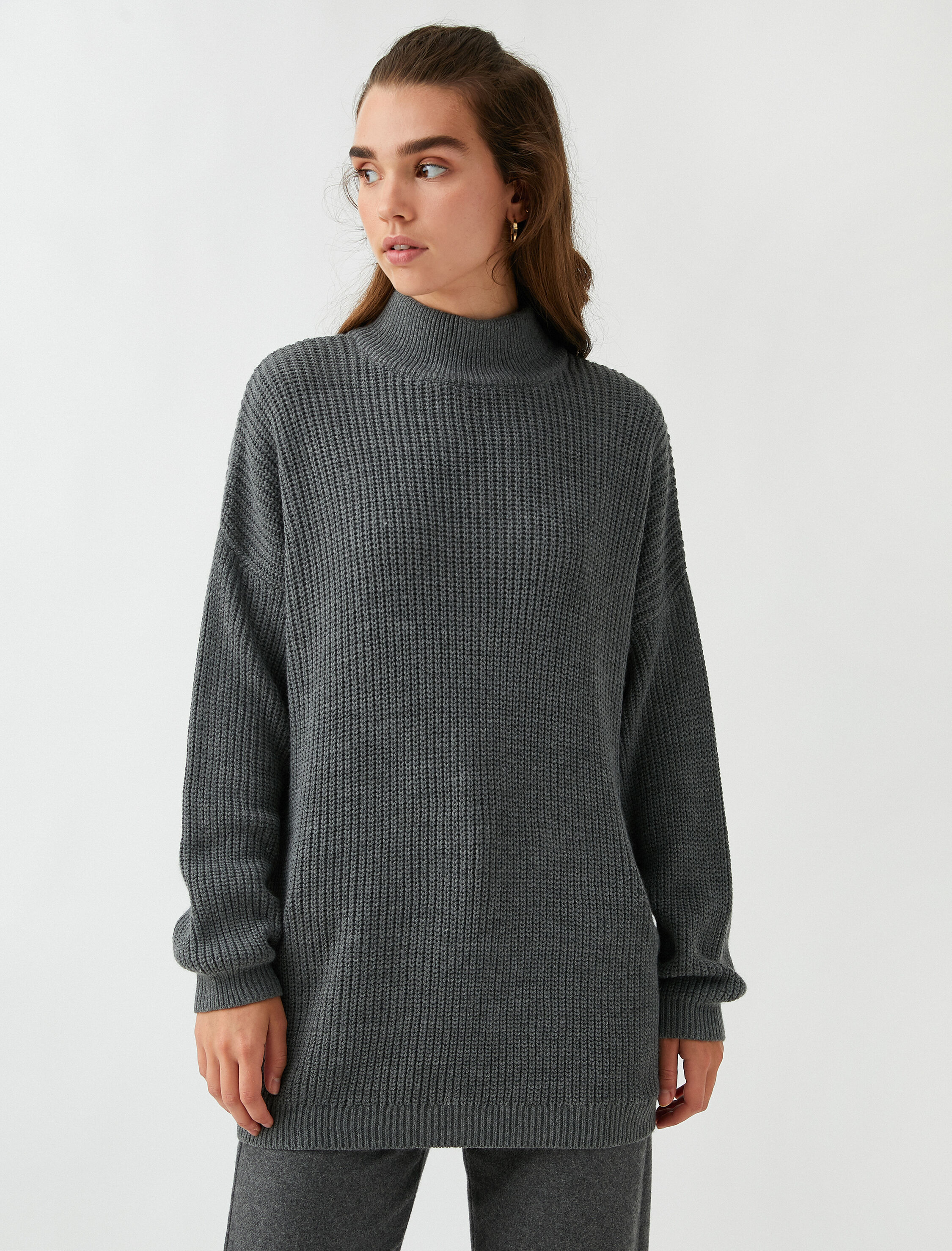   Balıkçı Yaka Oversize Kazak Triko Kaşmir Dokulu