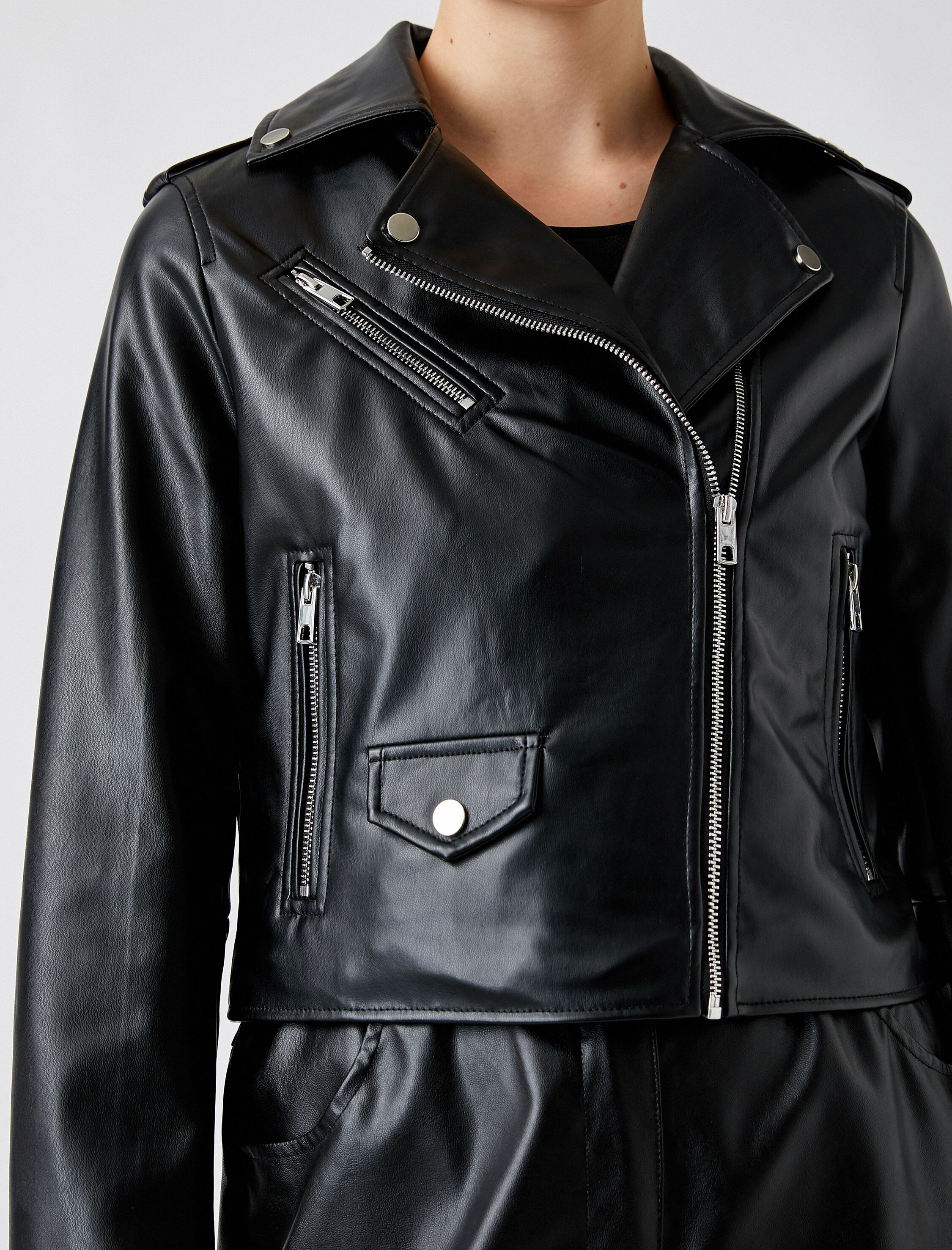   Suni Deri Biker Ceket Fermuarlı