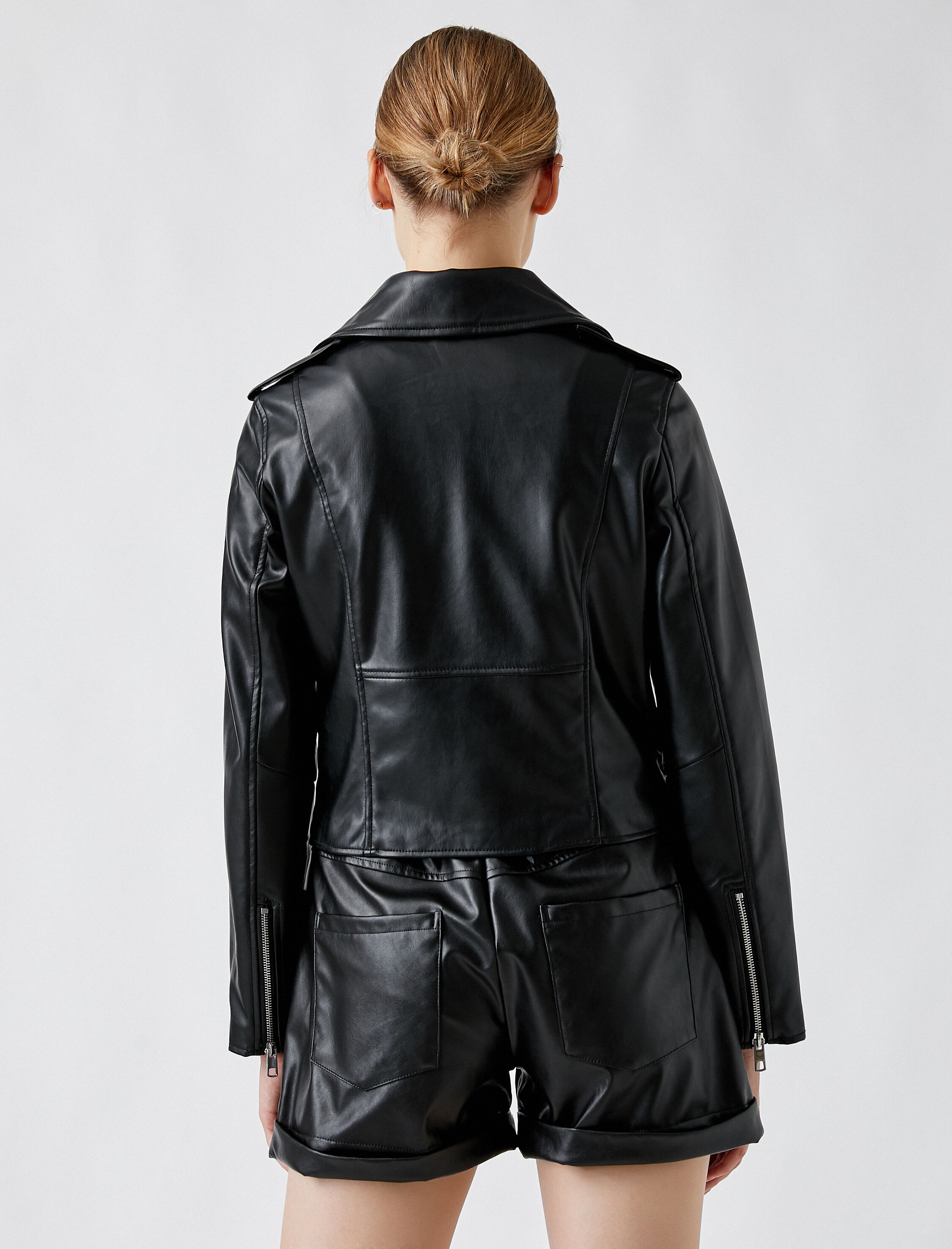   Suni Deri Biker Ceket Fermuarlı