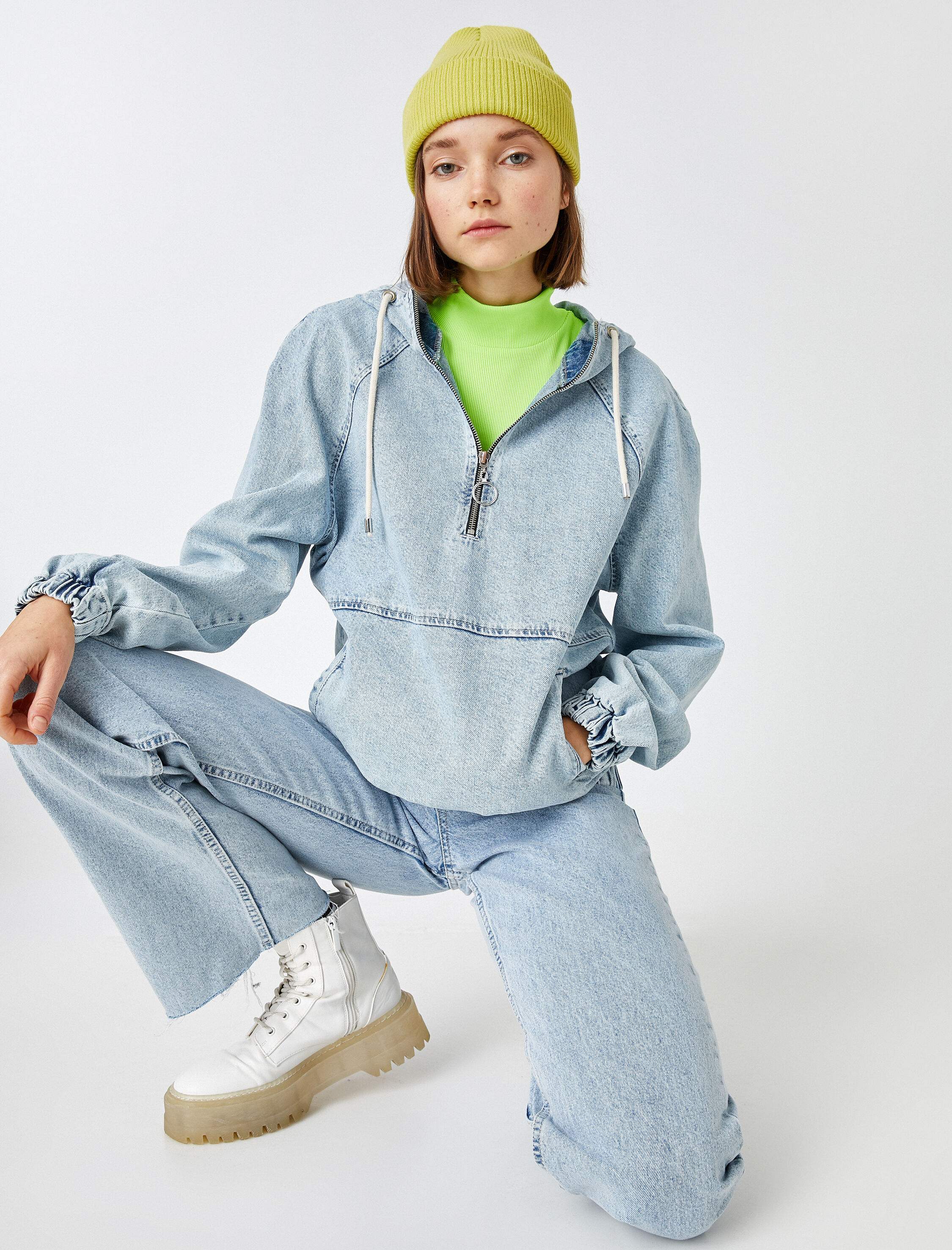   Fermuarlı Pamuklu Kot Ceket