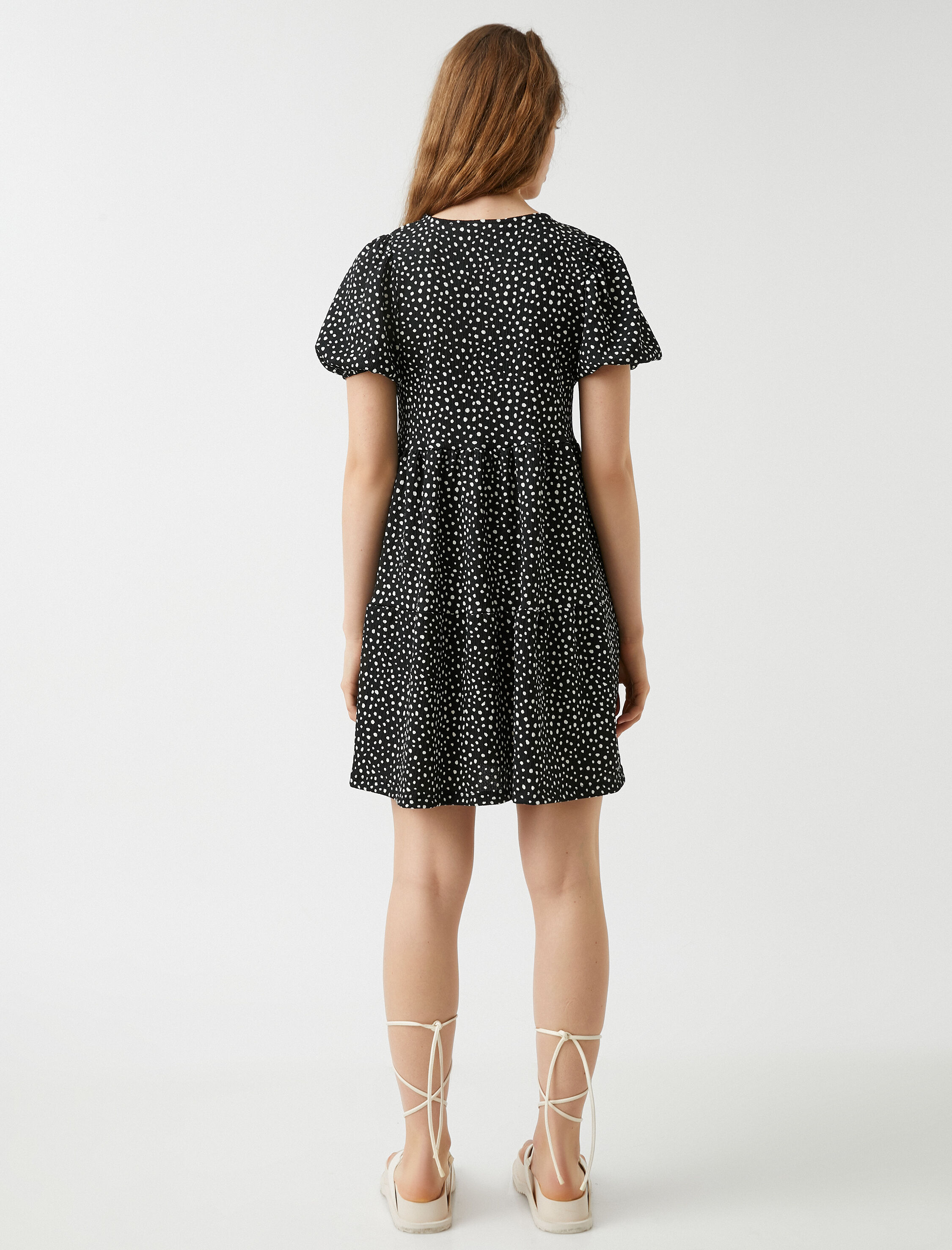   Mini Puantiyeli Elbise Kısa Kollu Bisiklet Yaka