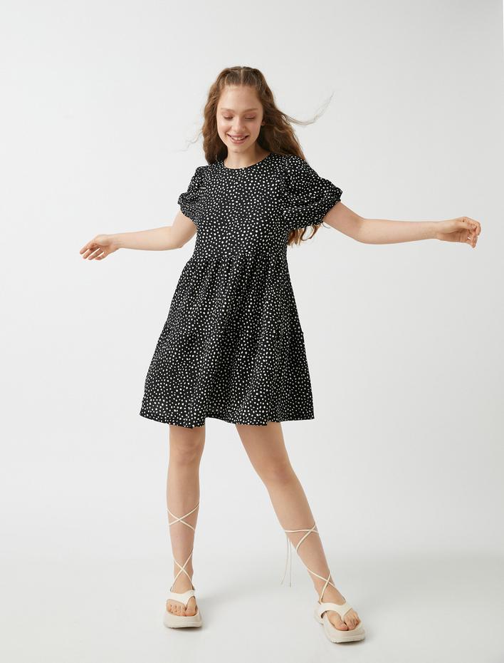  Mini Puantiyeli Elbise Kısa Kollu Bisiklet Yaka