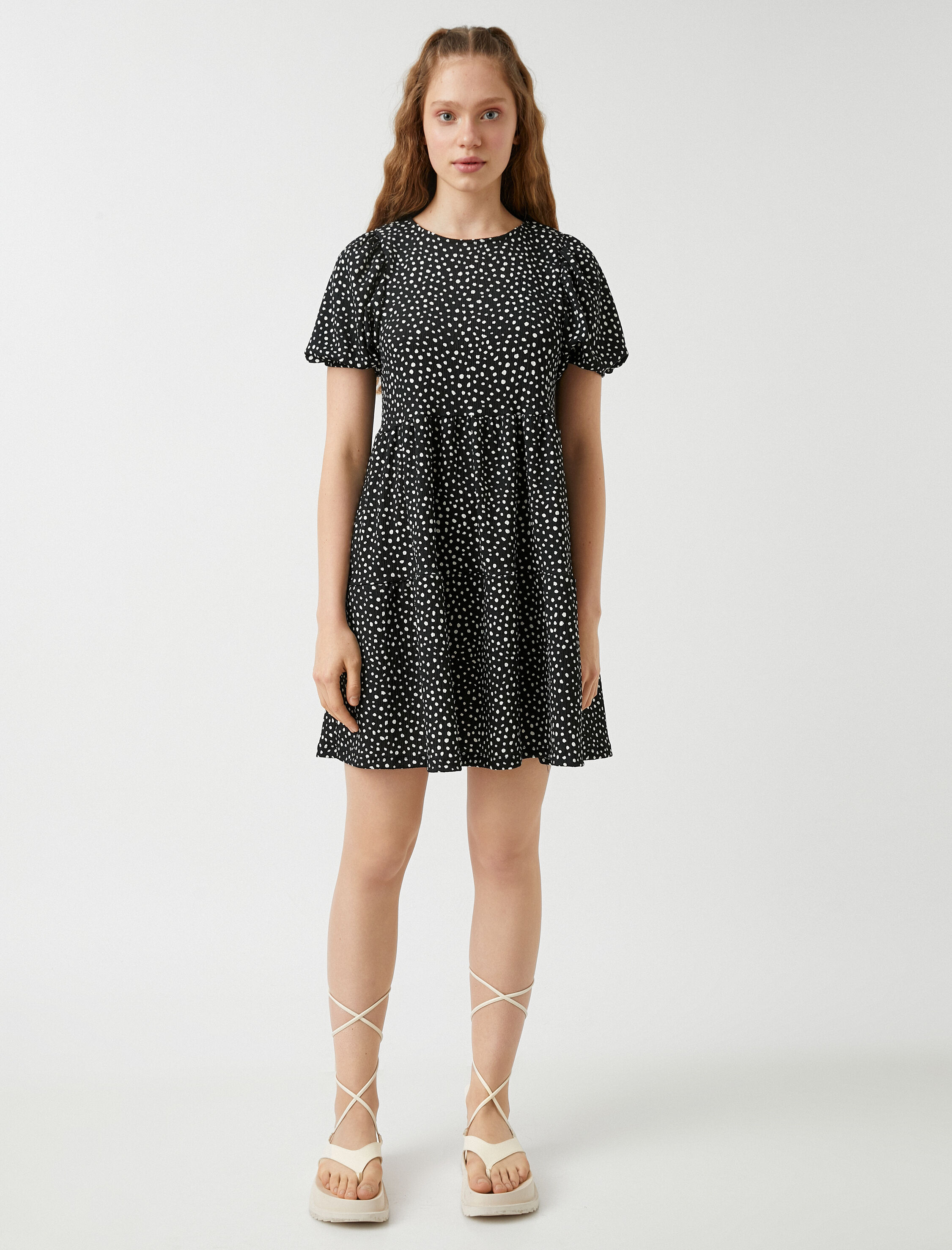   Mini Puantiyeli Elbise Kısa Kollu Bisiklet Yaka