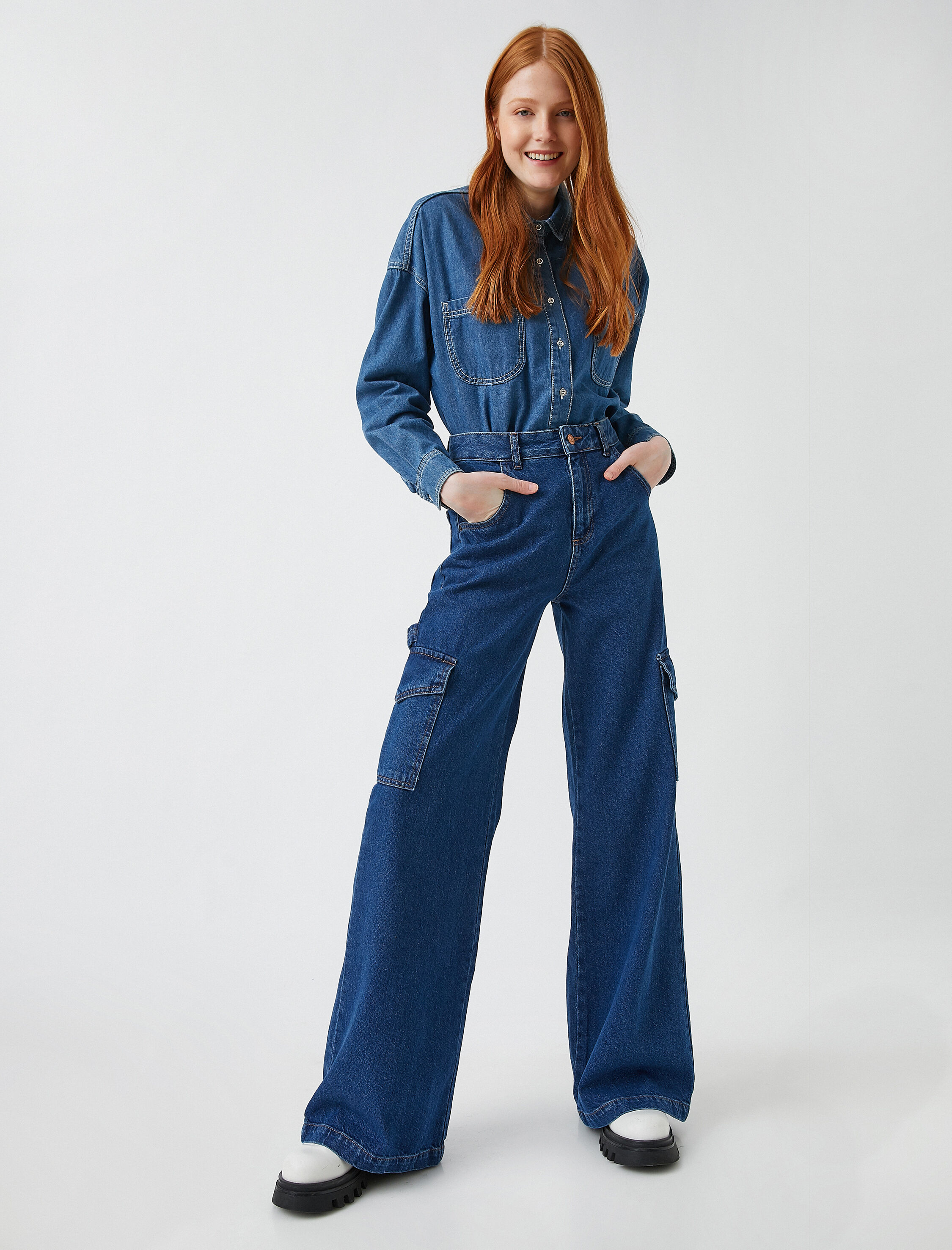   Kargo Cepli Geniş Paça Kot Pantolon - Bianca Jean