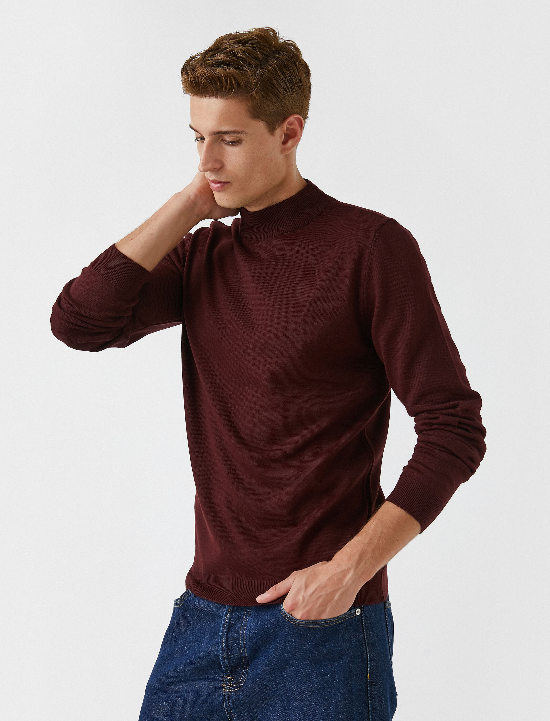   Basic Triko Kazak Yarım Balıkçı Yaka Uzun Kollu