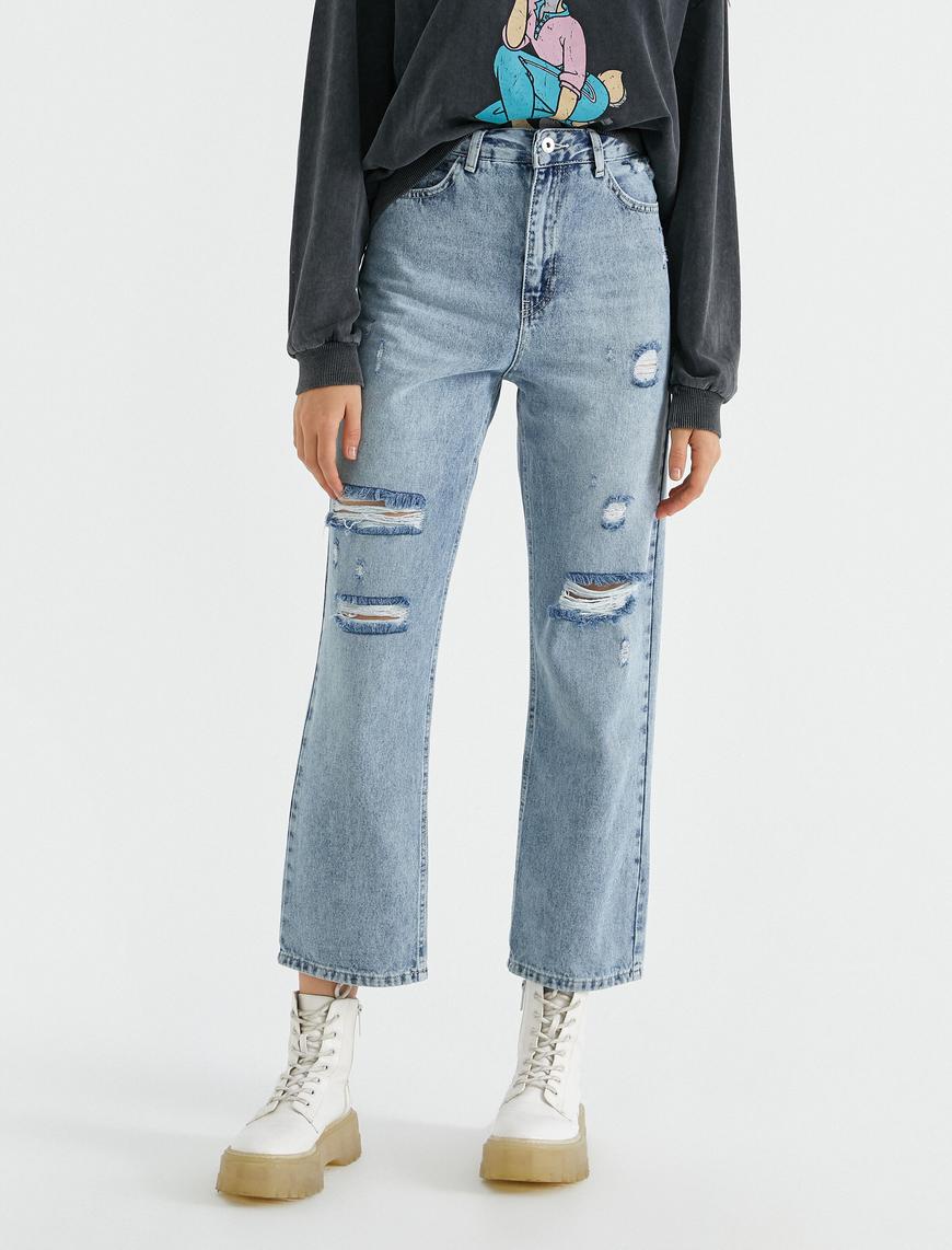   Yüksek Bel Yırtık Pamuklu Kot Pantolon - Straight Jean