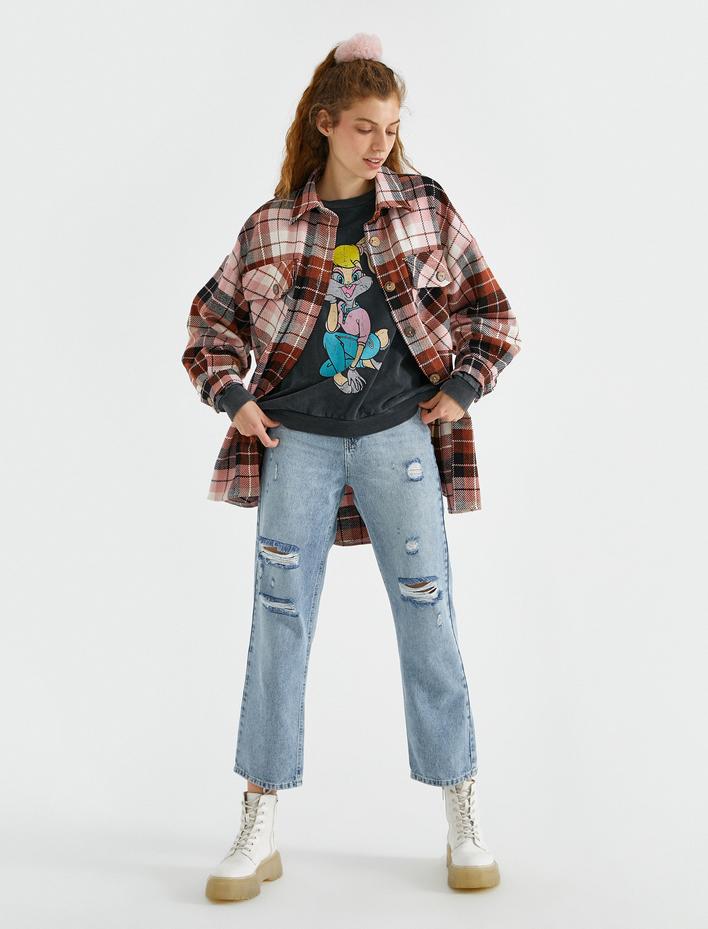  Yüksek Bel Yırtık Pamuklu Kot Pantolon - Straight Jean