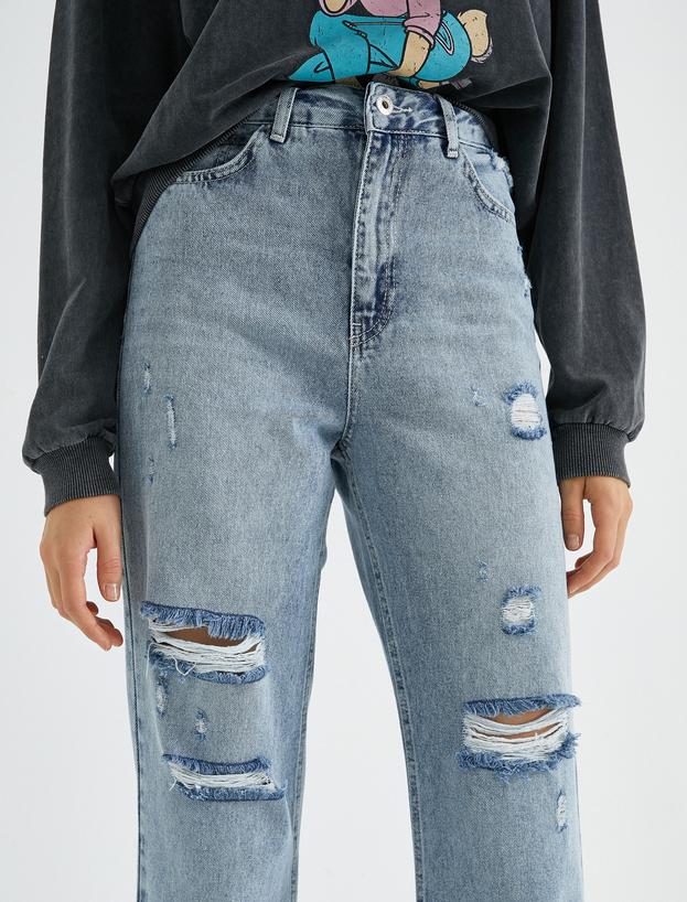   Yüksek Bel Yırtık Pamuklu Kot Pantolon - Straight Jean
