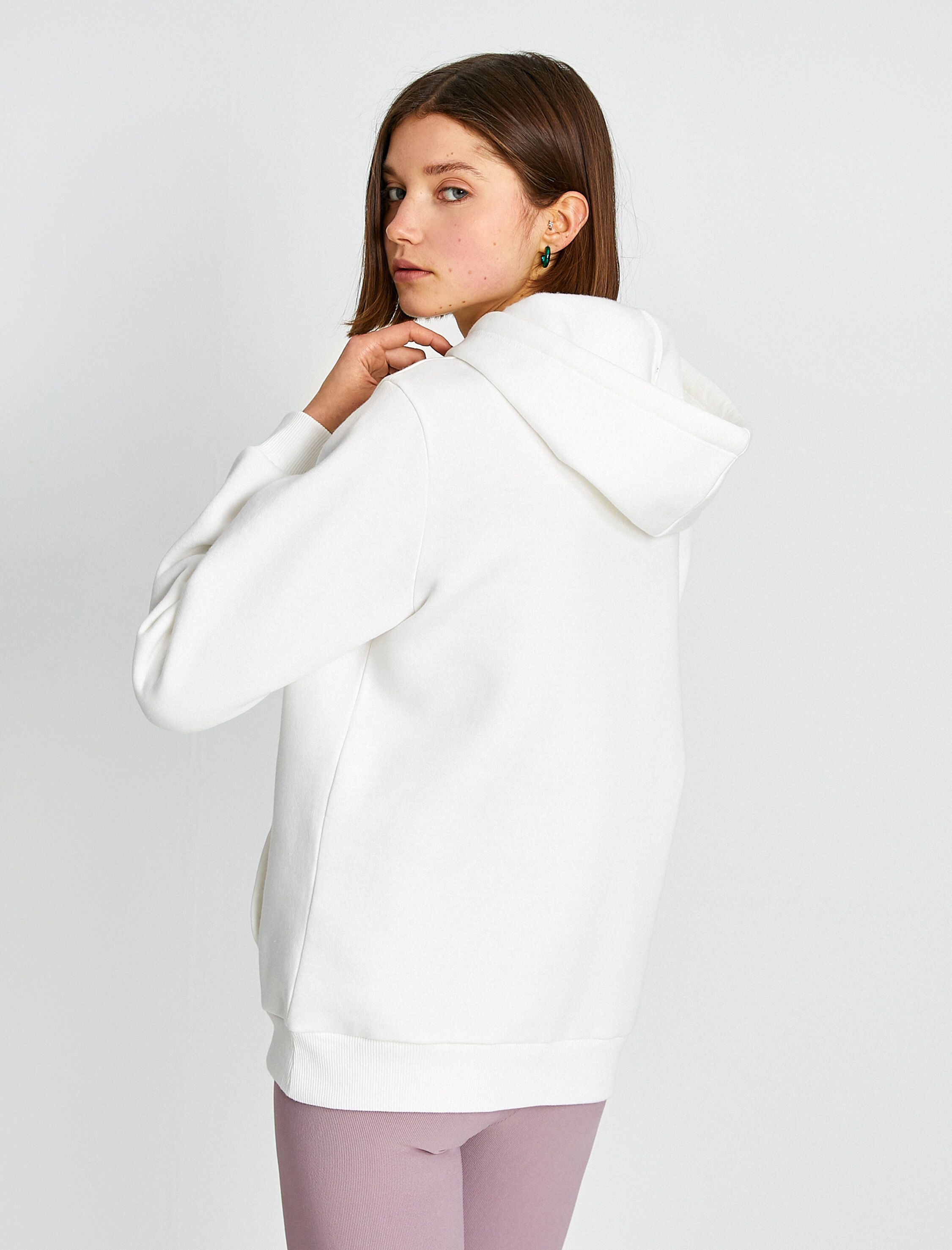   Üç İplik Şardonlu Uzun Kollu Kanguru Cepli Kedi Baskılı Kapüşonlu Sweatshirt